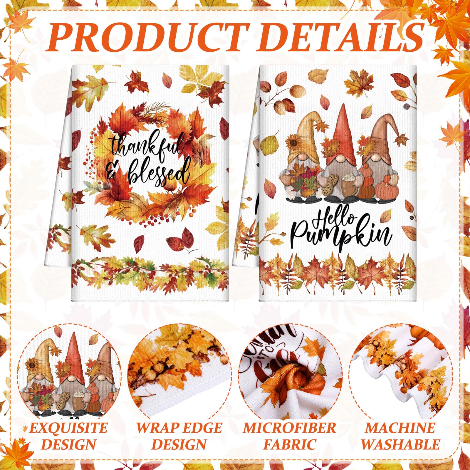 Windkream 6 Pieces Thanksgiving Kitchen Towels Maple Leaves Gnome Pumpkin Dishtowels 21.26 x 14.17 Inches Orange Autumn Bathroom