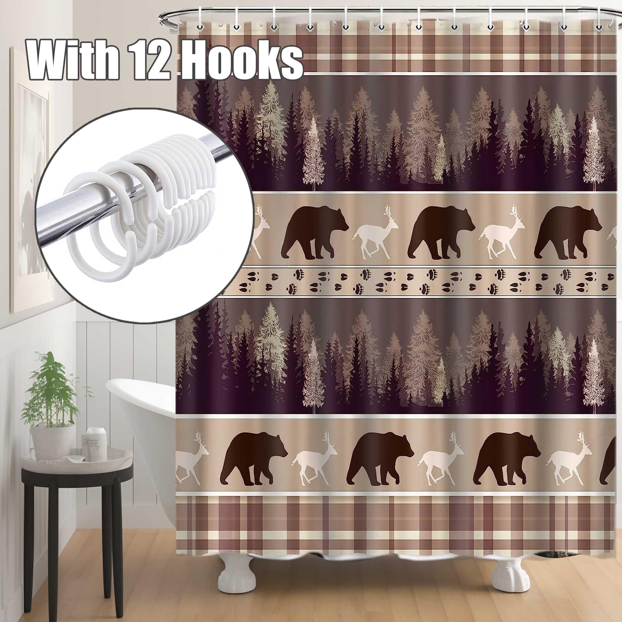 Lacoiime Cabin Shower Curtain, Rustic Woodland Forest Deer Bear Shower Curtain Set For Bathroom, Romantic Brown Abstract Bathroo