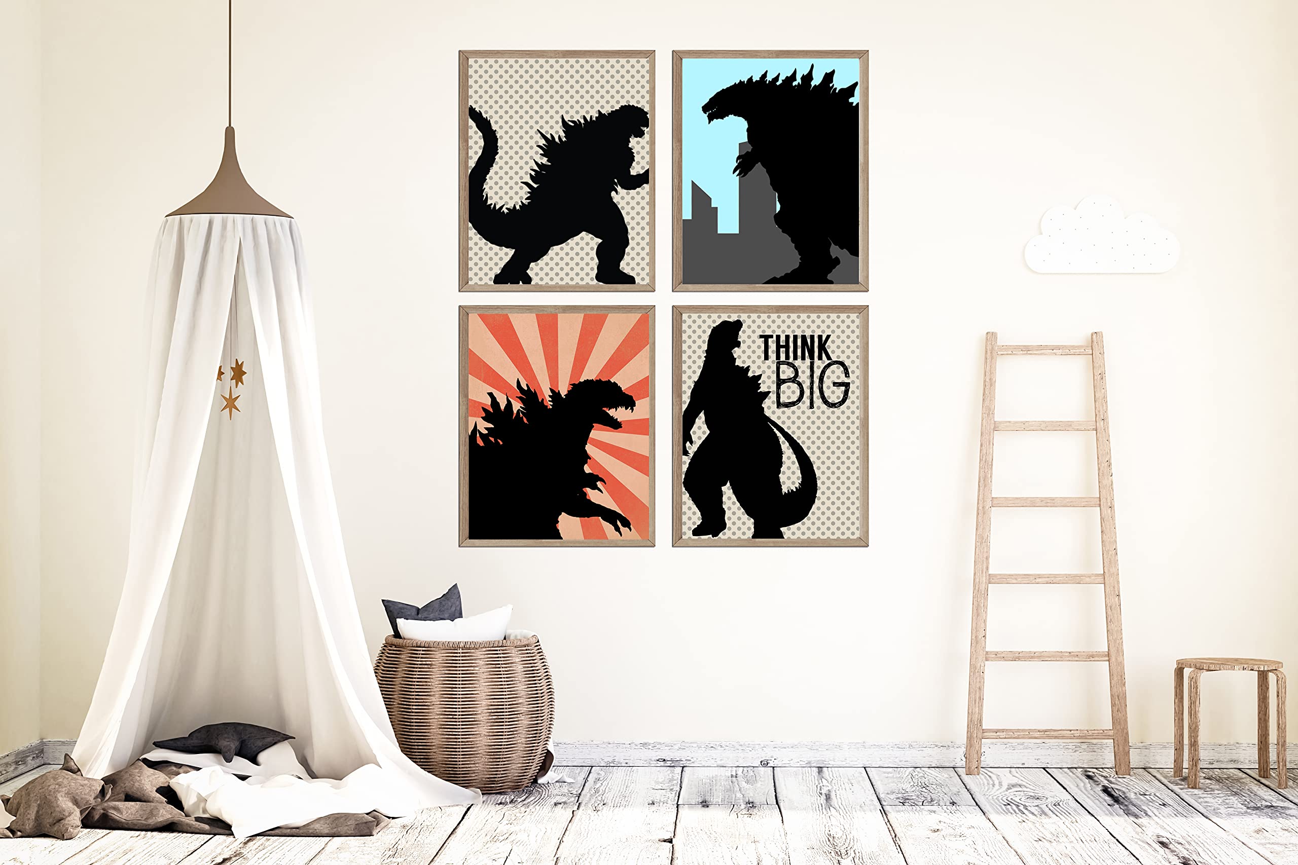 Grey Monster Dragon Comic Type Themed Room Wall Art Print Decor Sign Poster Picture Set