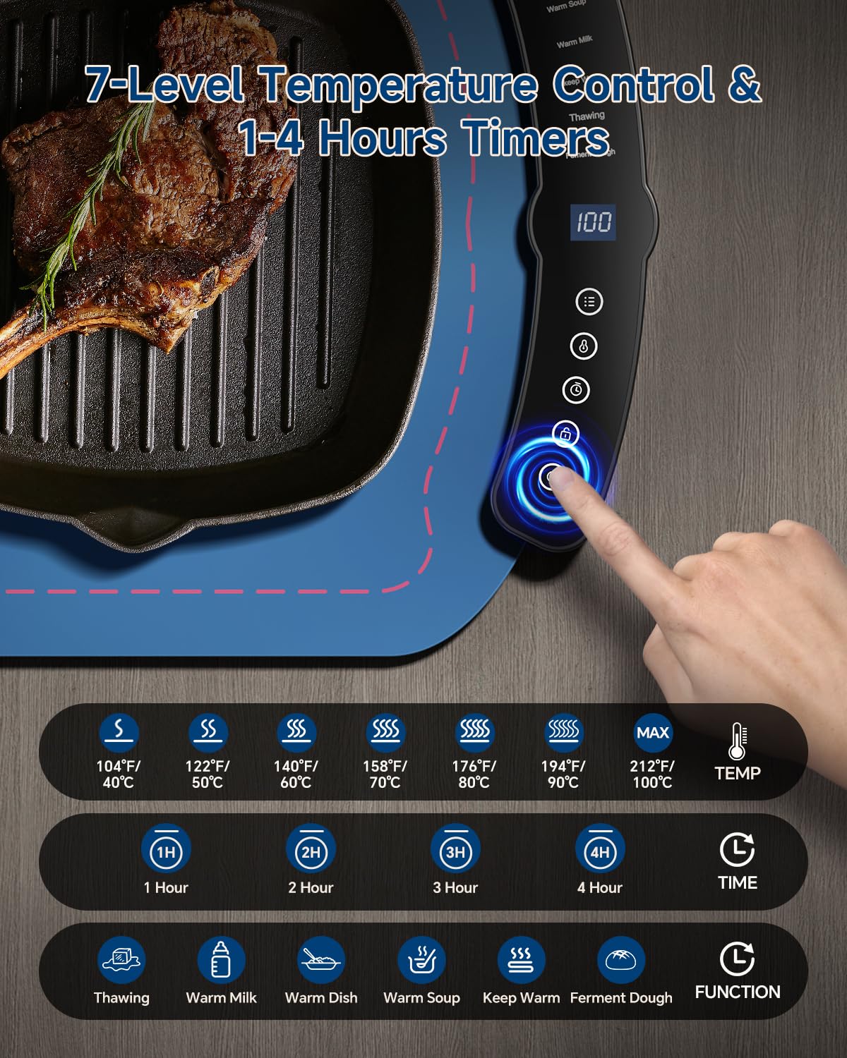 Taseven Warming Mat for Food, Food Warming Mat with 7 Temp Master Adjustable Warming Tray, Thermochromic Line, Electric Warming