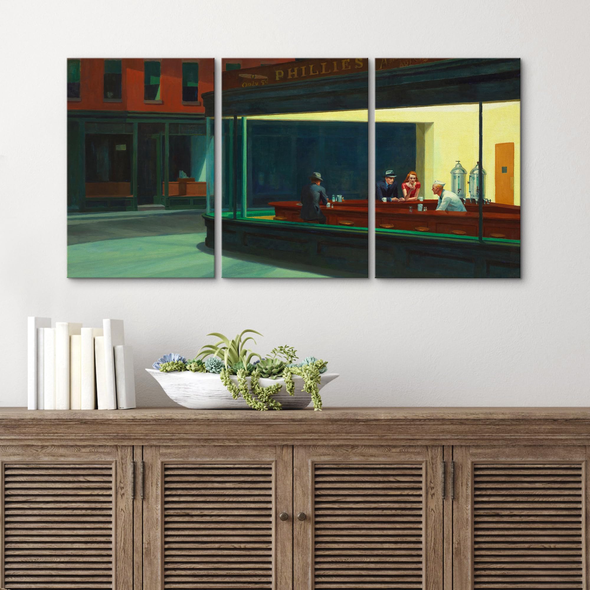 Wall26 Canvas Print Wall Art Set Nighthawks By Edward Hopper Cultural Historic Oil Painting Fine Art Reproduction Scenic Colorfu