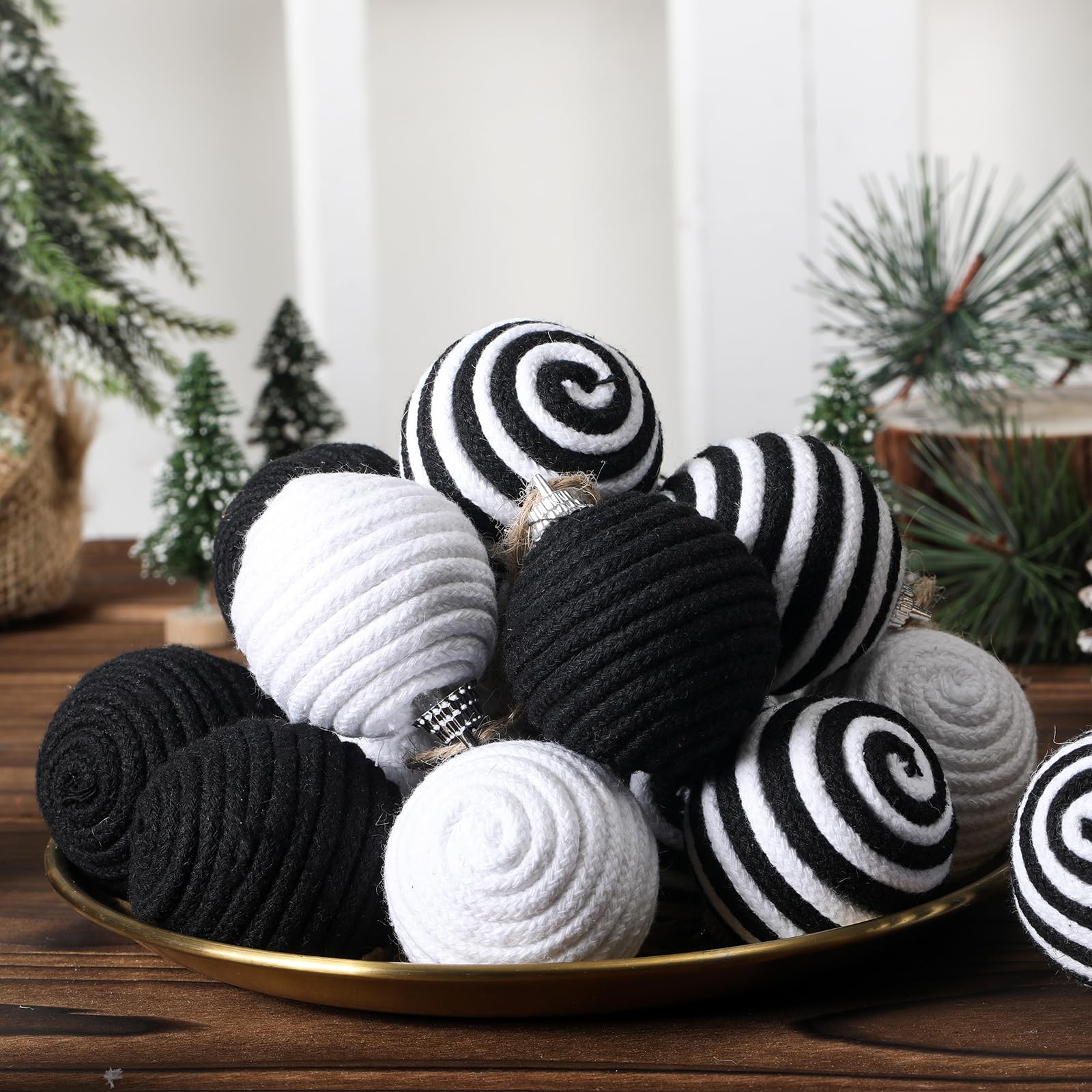 Syhood 18 Pcs 1.57 Inch Mini Christmas Black White Ball Ornaments Boho Farmhouse Jute Rope Hanging Balls Burlap Neutral Rustic O
