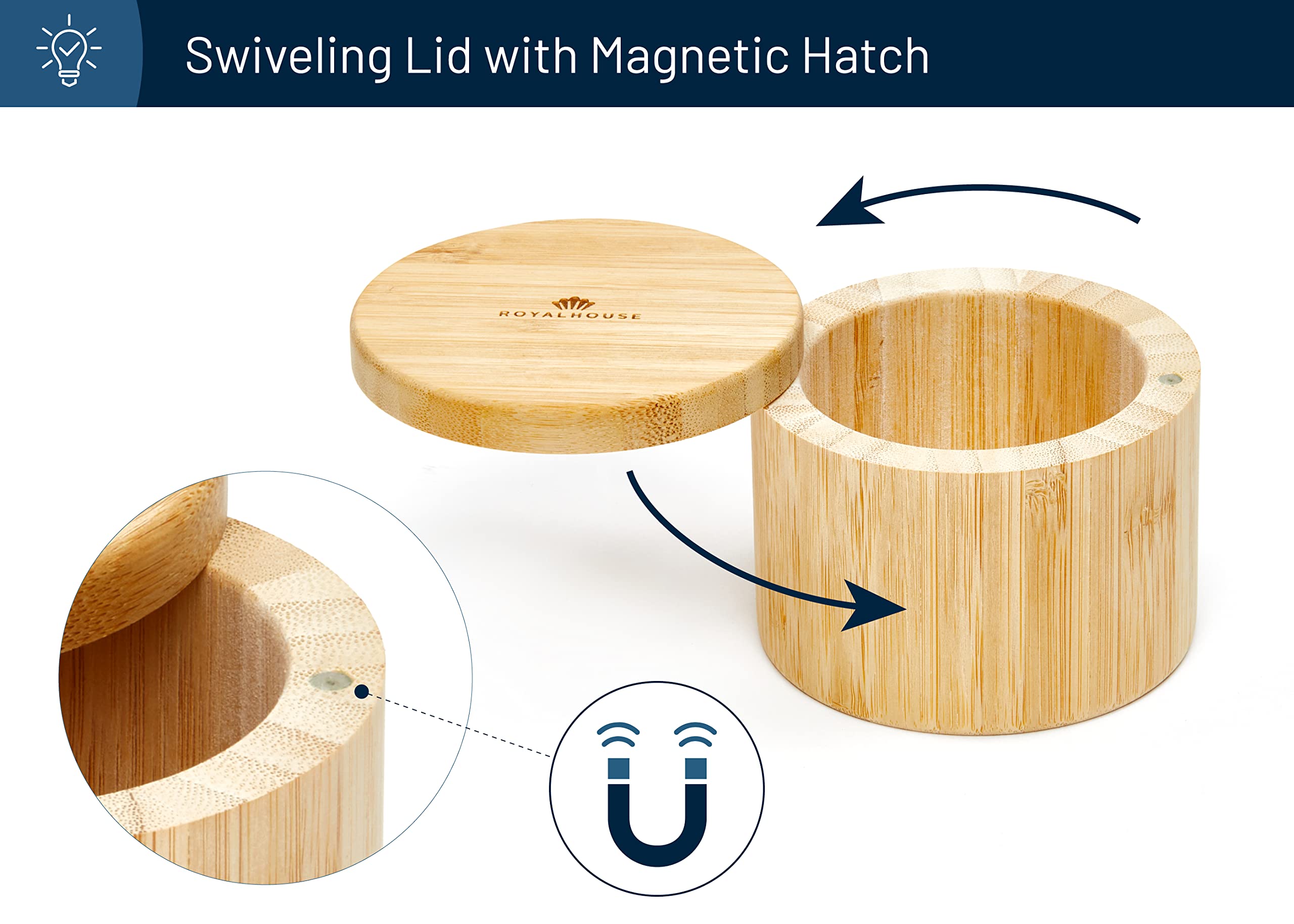 Royalhouse Natural Bamboo Salt And Pepper Holder With Bamboo Lid, Salt Cellar With Magnetic Swivel Lid, Healthy Storage Box For