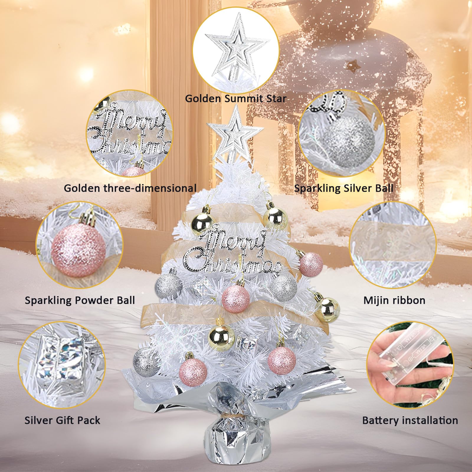 Small Mini Table top Christmas Tree with 50 LED Lights 24 Inch /2FT Little Prelit Christmas Tree Decorated Gift Boxes and Hangin