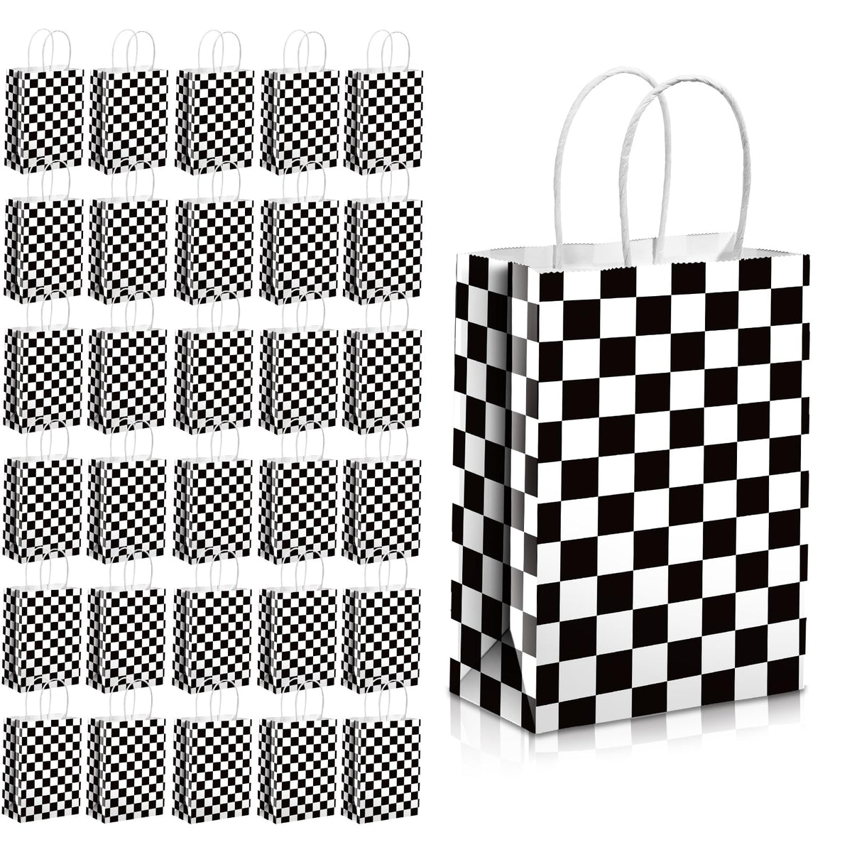 Epakh 32 Pcs Checkered Racing Treat Bags Race Car Party Favors Bag With Handles Black And White Checkered Racing Flag Candy Bags