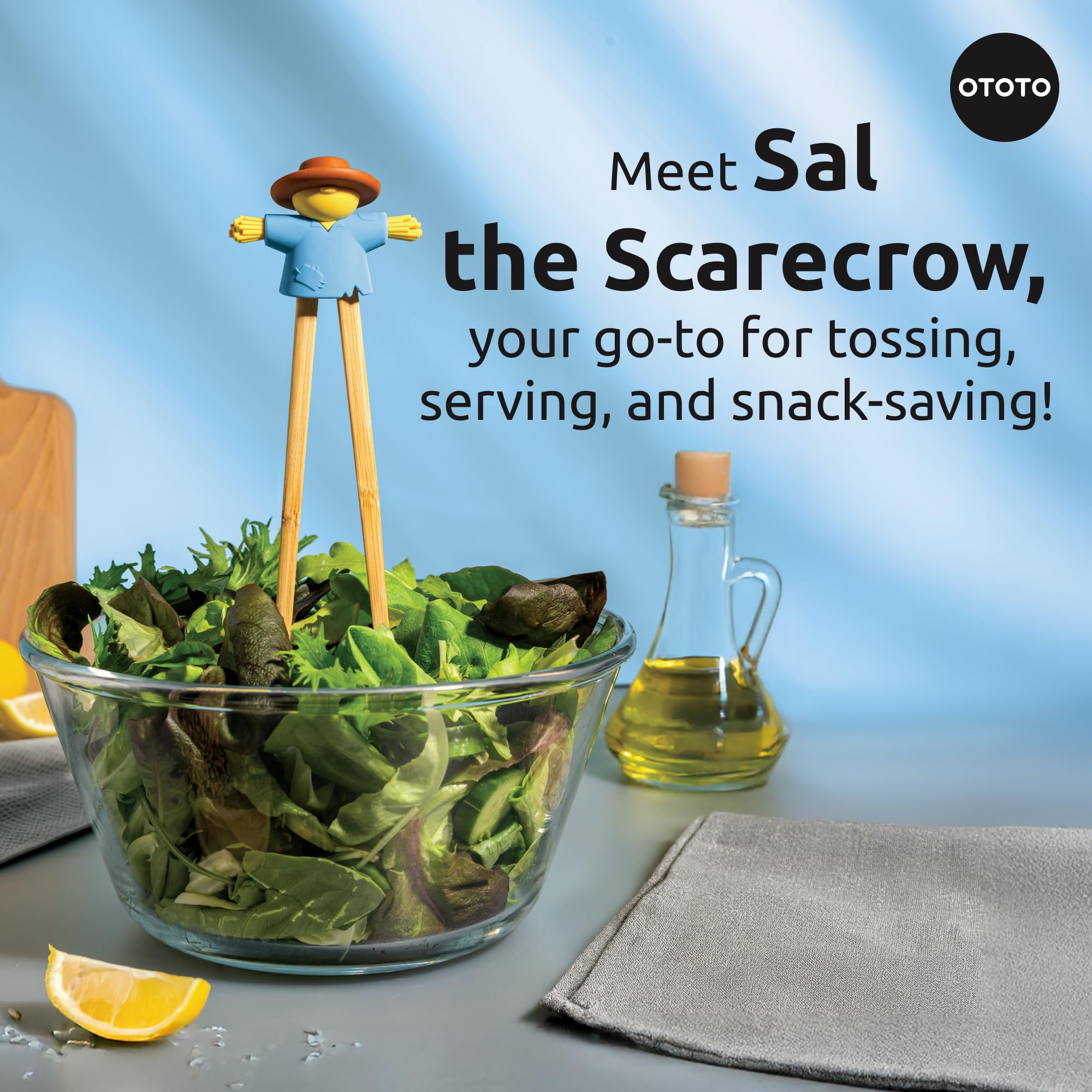 NEW - OTOTO Sal Scarecrow Salad Tongs (2-Piece) - Wooden Tongs Set, Food Safe Toaster Tongs for Serving, Cute Kitchen Tongs, Coo