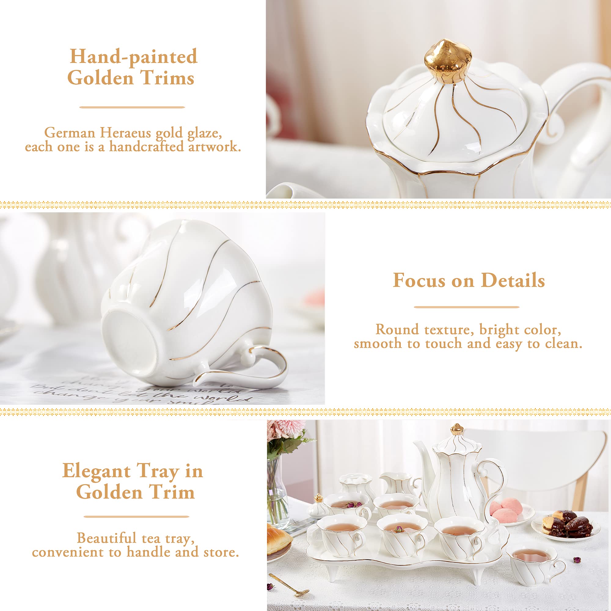 Dujust 14 Pcs Tea Set For 6 With Tea Tray & Spoons, Luxury British Style Tea/Coffee Cup Set With Golden Trim, Beautiful Porcelai