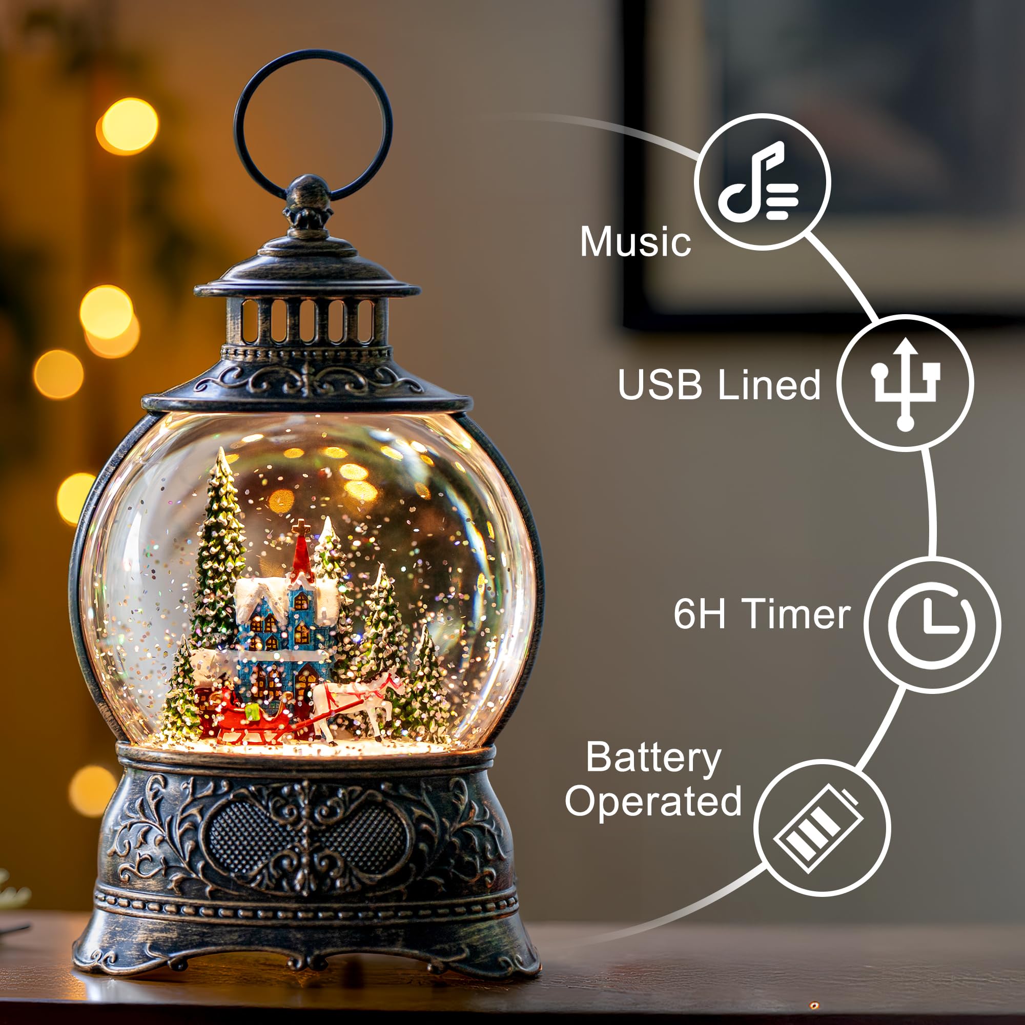 Christmas Village Snow Globe Water Lantern with Horse and Town Scene Battery Operated or USB Powered Musical Lighted Holiday Dec