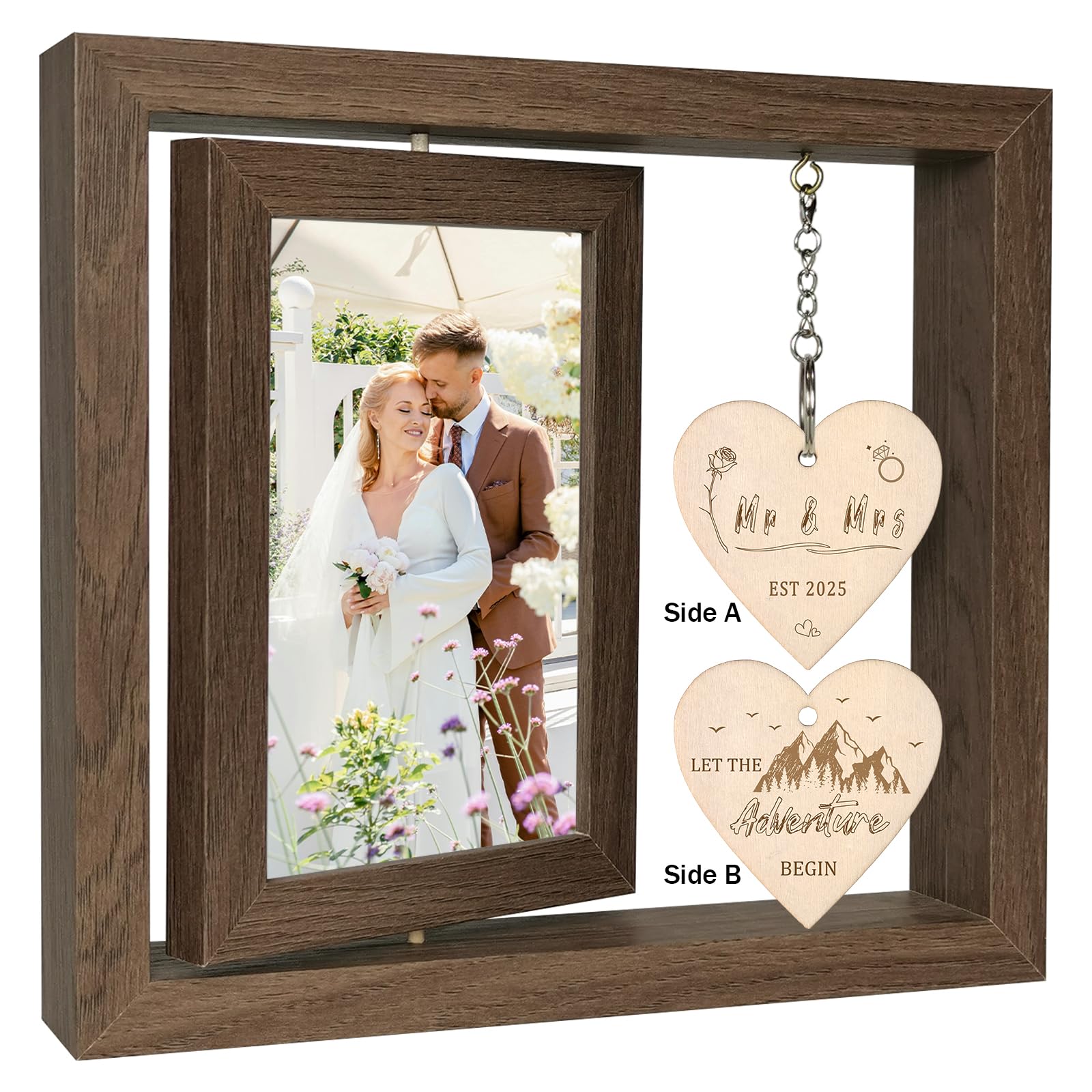 EYITUPC Rotating Floating Mr & Mrs EST 2025 - Let the Adventure Begin Picture Frame, Wedding Bridal Shower Gifts for Bride Newly