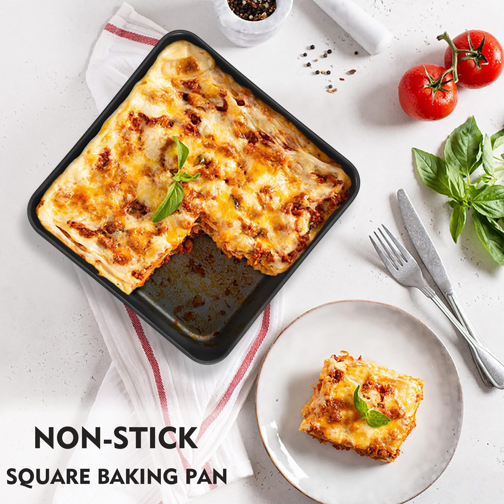P&P Chef Square Baking Pan, 8 Inch Square Cake Lasagna Brownie Pan For Nonstick Baking Roasting, Stainless Steel Core With Non-S
