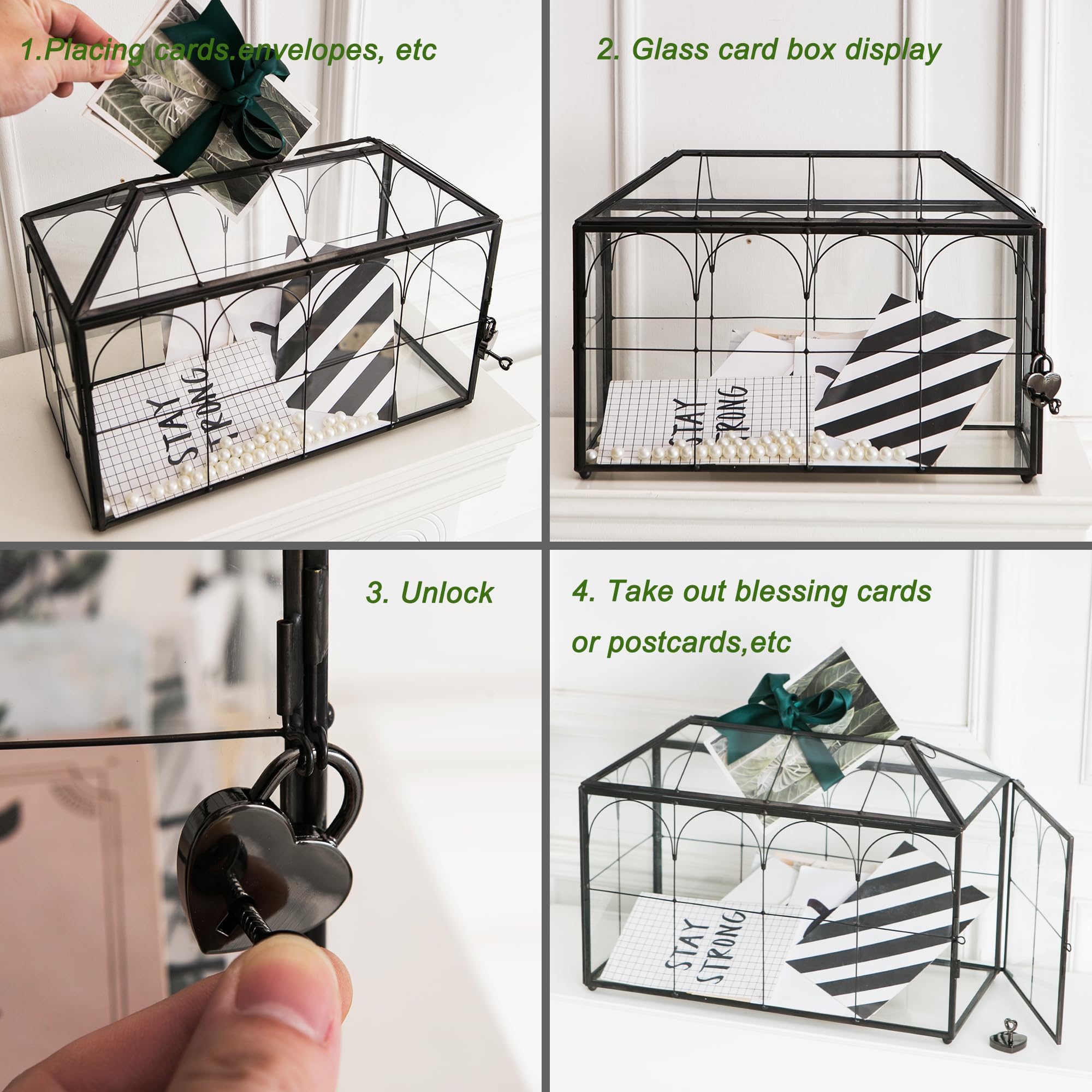 Giadun Wedding Card Box with Slot, 12.6'' Large Glass Card Boxes for Reception, Black Geometric Holder, Clear Decorative Storage