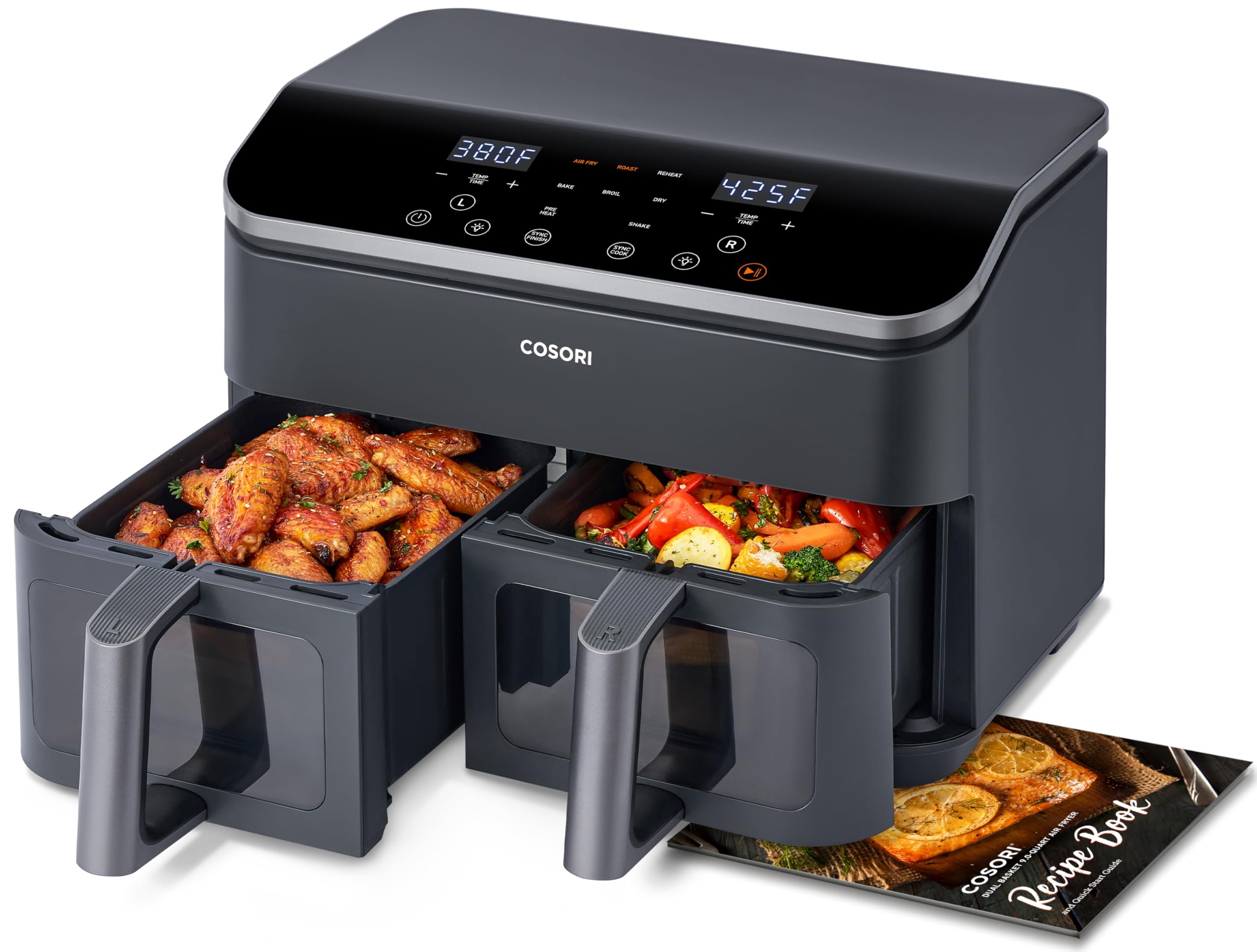 COSORI 9Qt 10-in-1 Dual Air Fryer, Fresh Balanced Meals for Family and Children with Double Baskets, Sync Cook & Finish to Bake,
