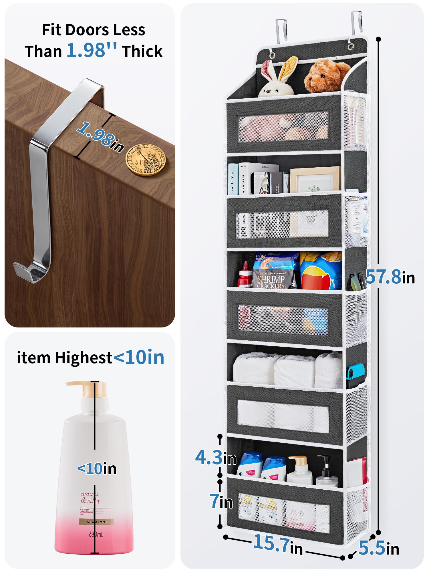 JARLINK Over the Door Organizer Storage  5 Shelf Hanging Door Organizer with 5 Large Capacity Pockets  Anti Tilt 44 lb Load Behind Door Organizer for Bedroom  Bathroom  Pantry  Nursery  (Black)