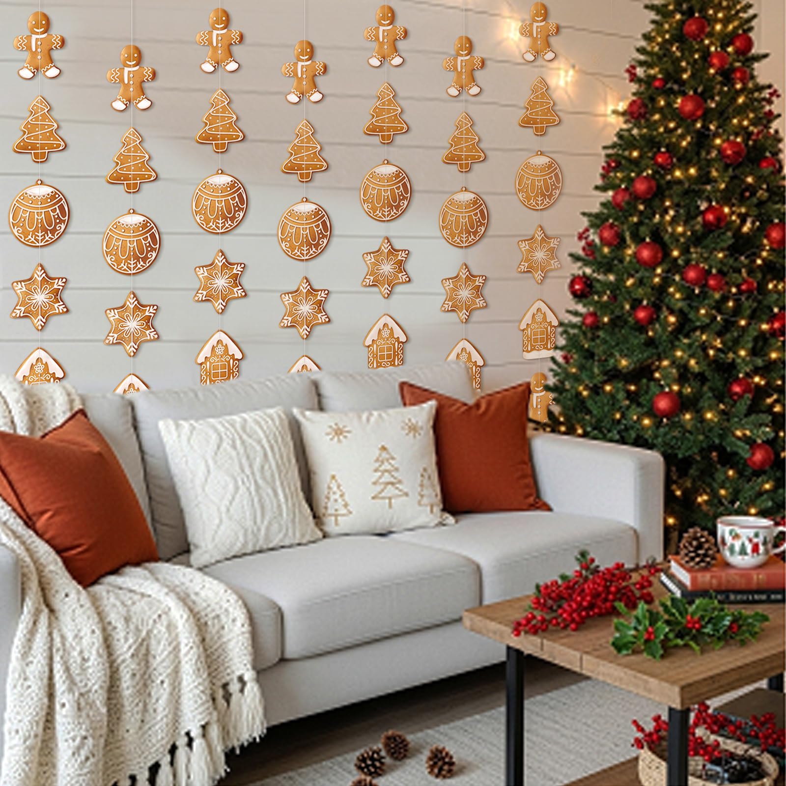 TaoBary 8 Pack Christmas Gingerbread Theme Garland 6.56 ft Cute Snowflake House Hanging Decorations Christmas Tree Ornaments Pre