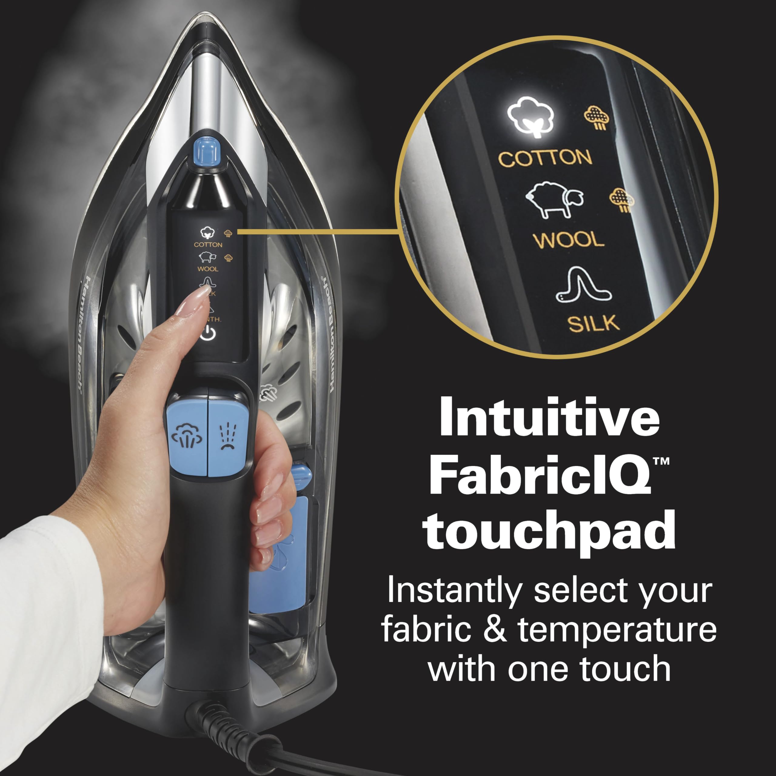 Hamilton Beach Steam Iron For Clothes & Garment Steamer With Intuitive Fabriciq Touchpad, Durable Stainless Steel Soleplate, 3-W
