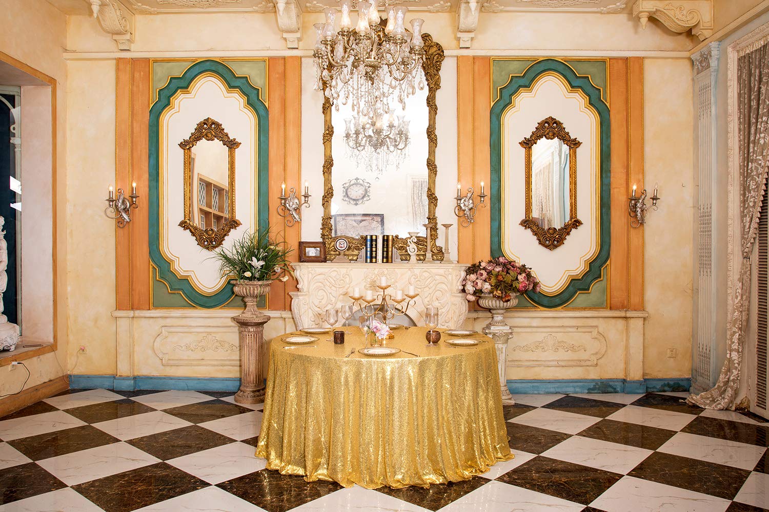 Partydelight 108'' Round Sparkly Gold Sequin Tablecloth For Wedding, Party, Christmas Decorations