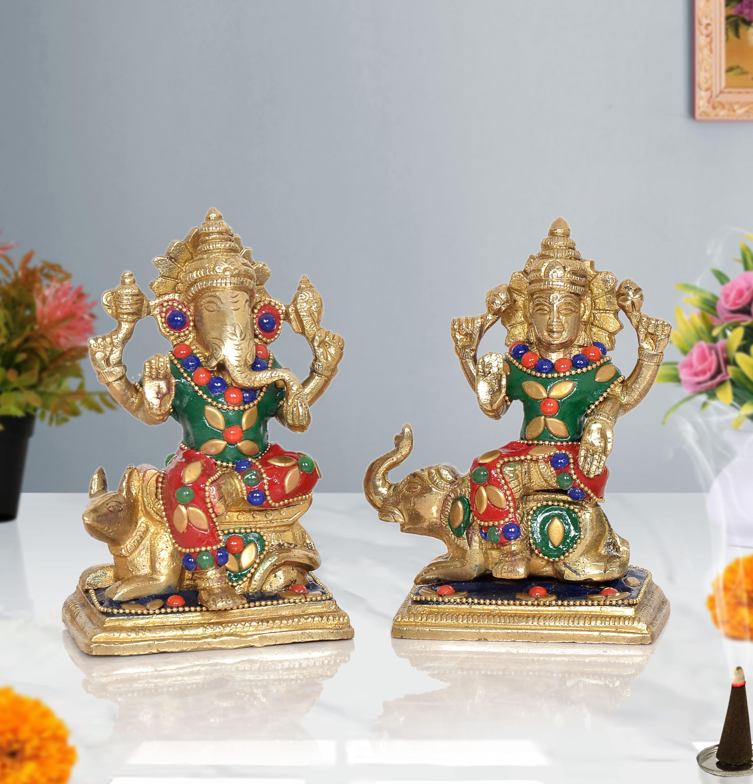 Dattatreya Brass Laxmi Ganesh Statue - Handcrafted Goddess Lakshmi And Lord Ganesha Idol For Home Decor And Pooja - Hindu Deitie