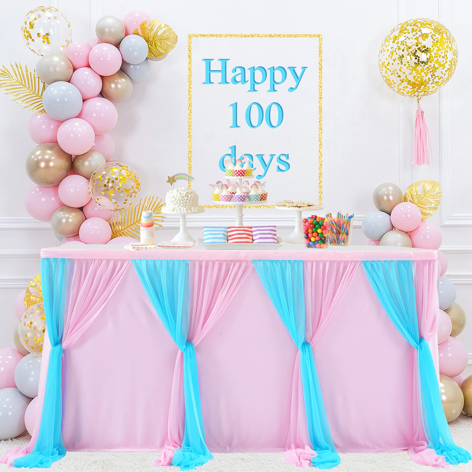 9Ft Pink And Blue Gender Reveal Table Skirt For Baby Shower Boy Or Girl Tulle Tutu Table Cloths Cover For Birthday Party Wedding