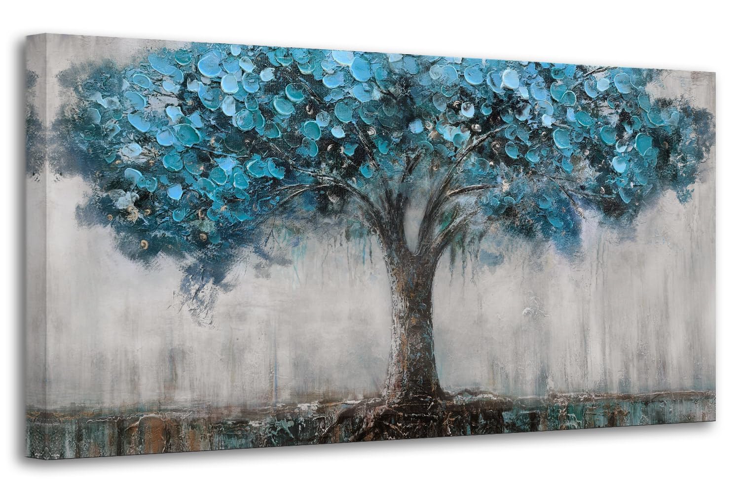 Anolyfi Wall Art Tree Abstract Canvas Picture Landscape Panoramic Blue Tree Painting For Living Room Large Decor, Textured Wrapp