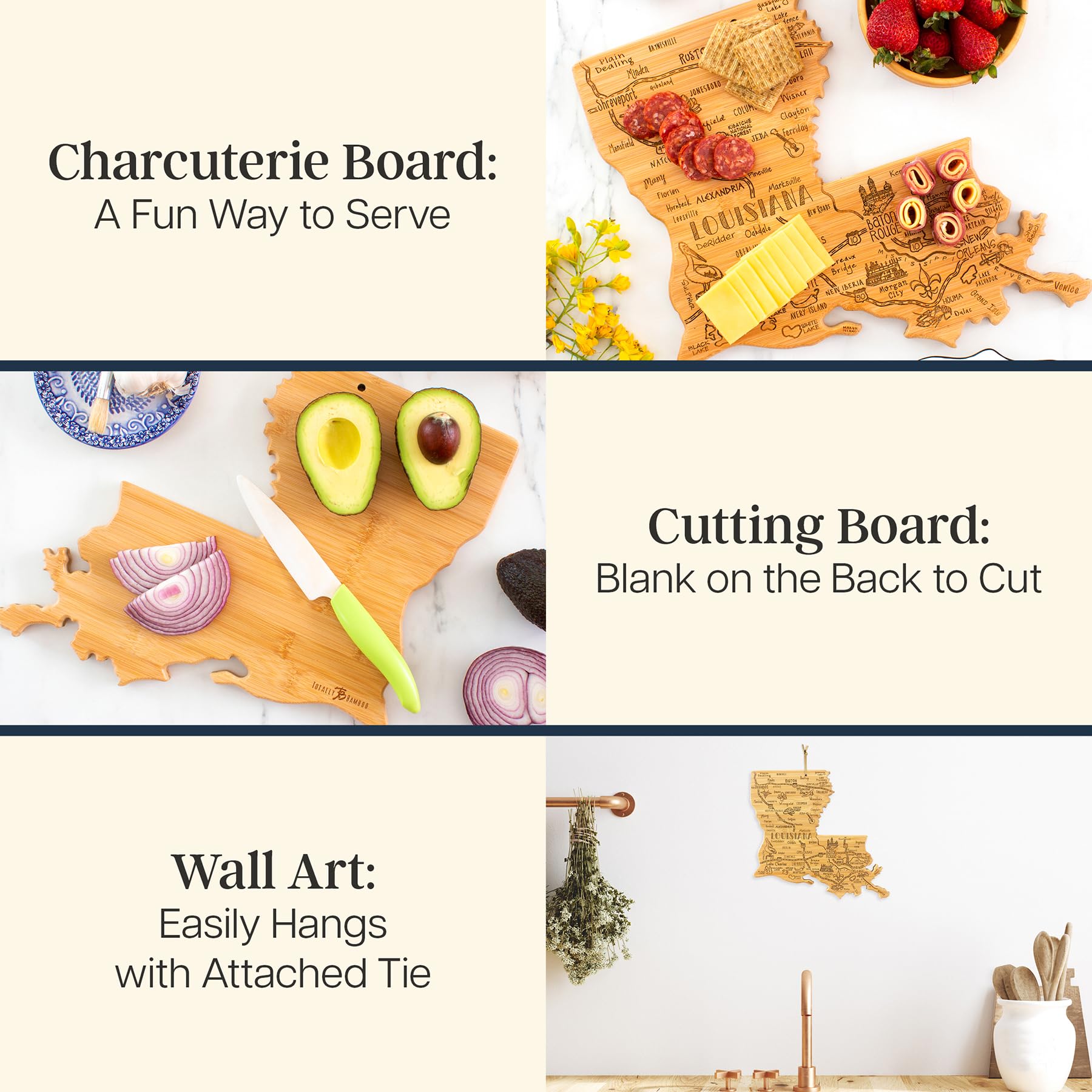 Totally Bamboo Destination Louisiana State Shaped Cutting Board, Charcuterie and Cheese Serving Board - Louisiana Gift for Home