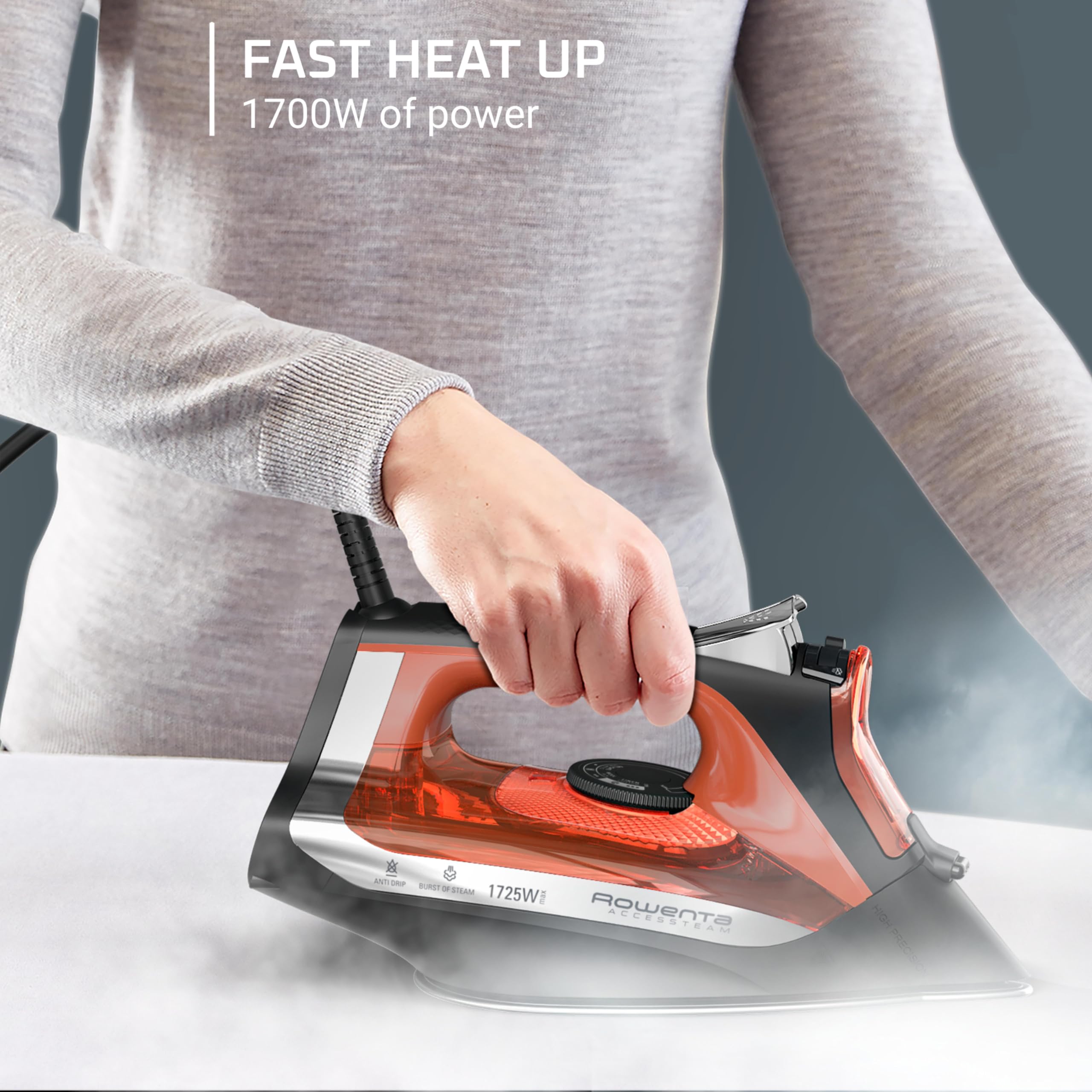 Rowenta, Iron, Access Stainless Steel Soleplate Steam Iron For Clothes, 300 Microsteam Holes, 1700 Watts, Lightweight, Auto-Off,