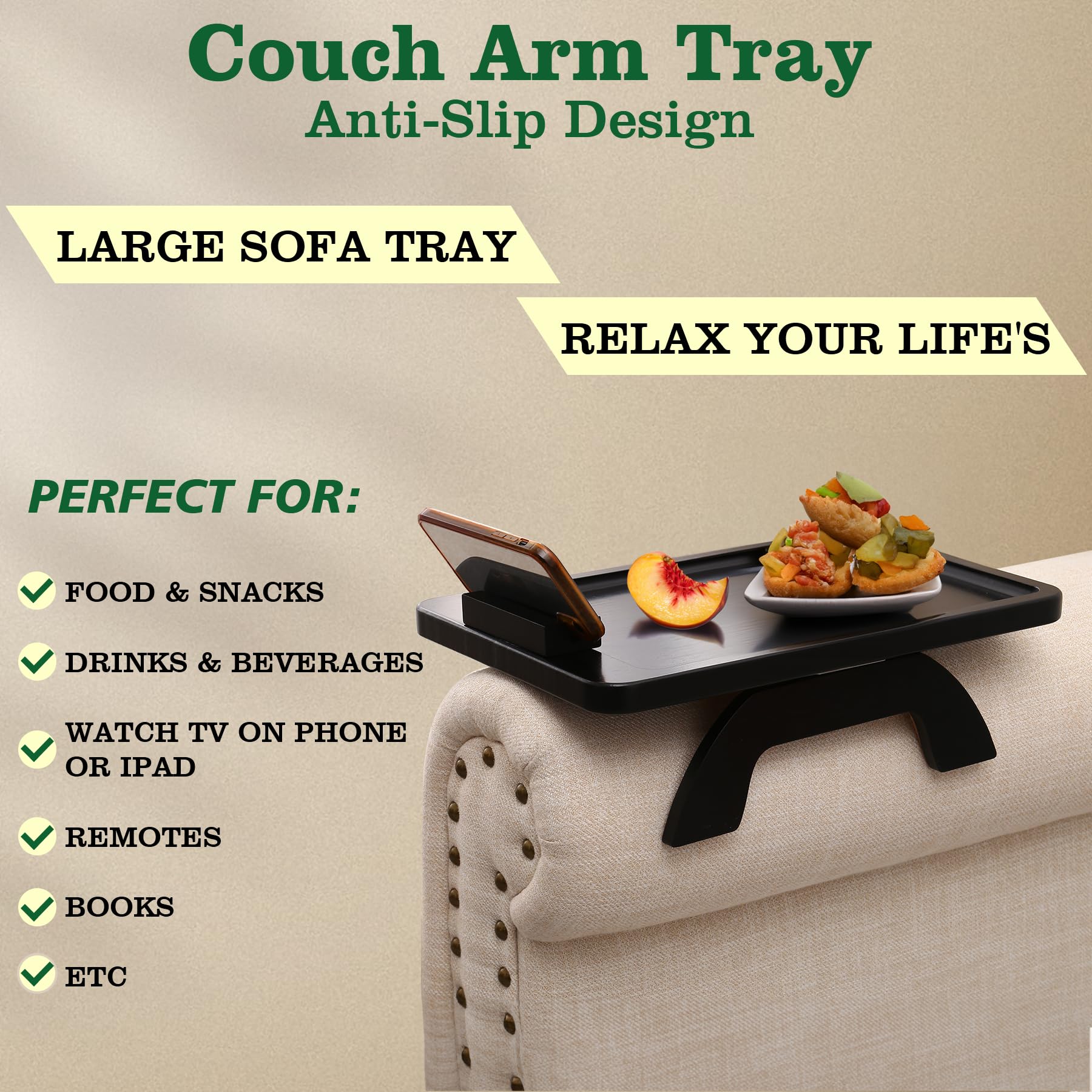 Bambootray Couch Arm Table,Sofa Clip On Tray For Armrest Tray With Phone Holder,Couch Table For Living Room Bedroom (Large Black
