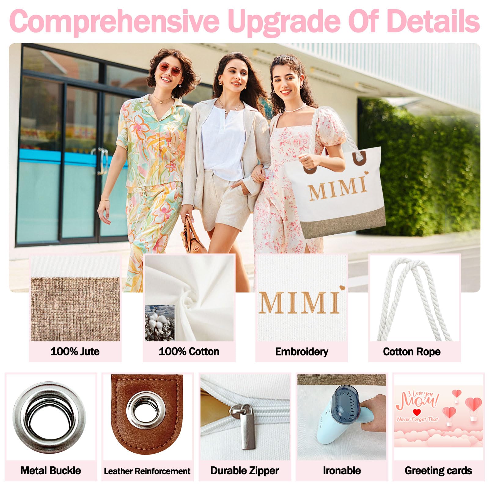 GhvyenntteS Mimi Gifts, Birthday Gifts for Mimi, Mimi Bag with Zipper, Personalized Beach Tote Bag - Perfect for Birthday, Mothe