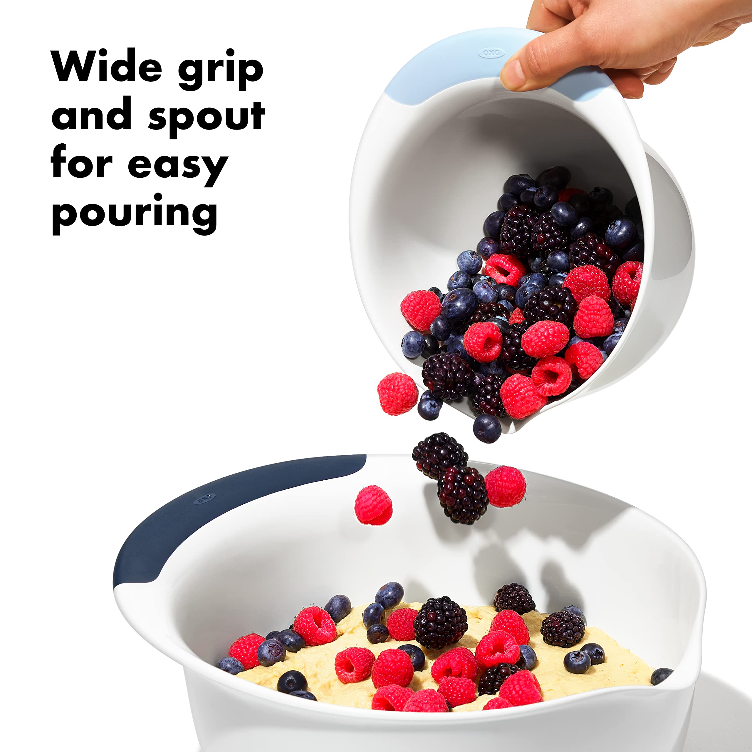 Oxo,Plastic Good Grips 3-Piece Mixing Bowl Set - Blueberry, Jam & Seltzer Handles,4.7 Liters, Large