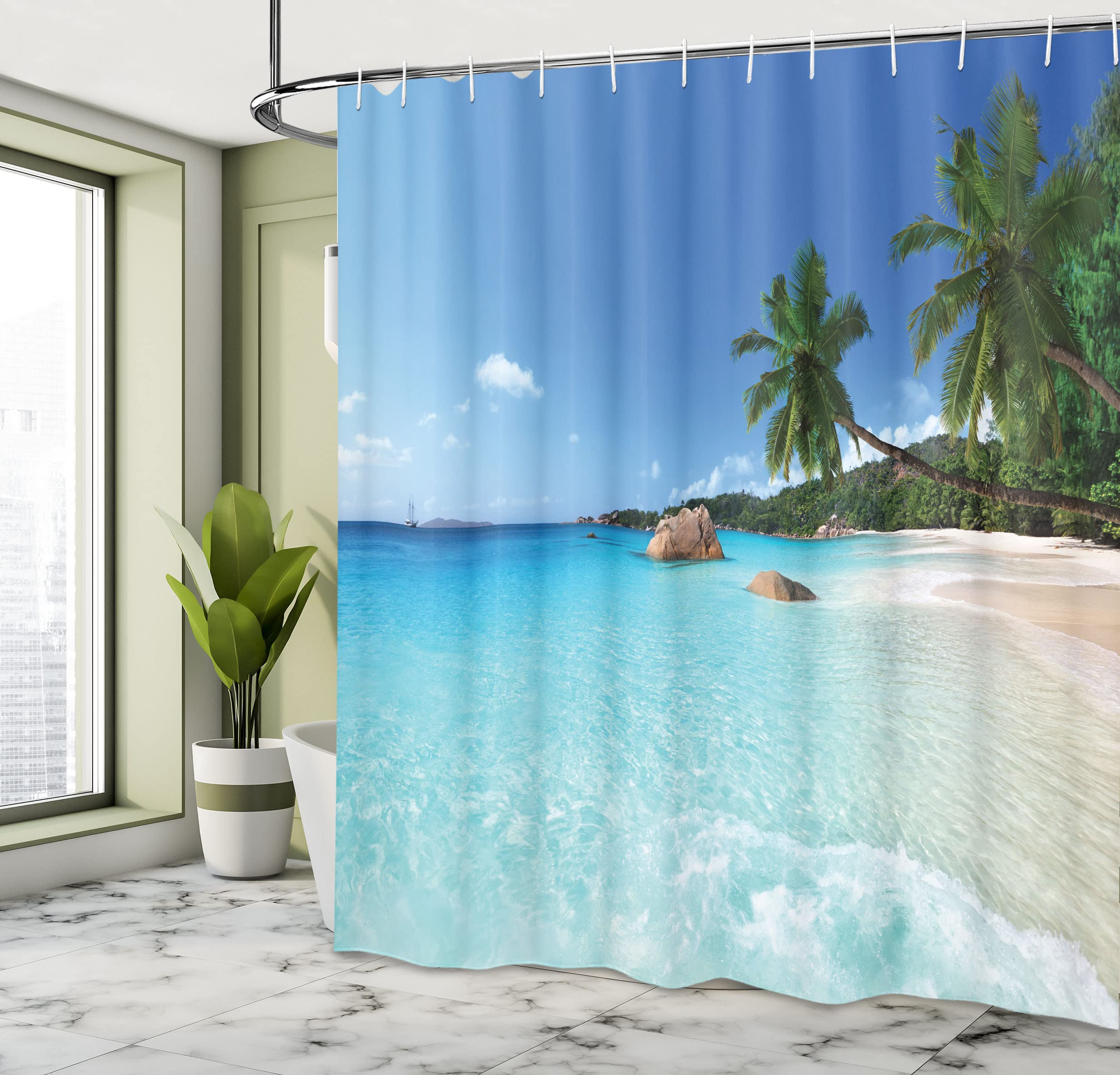 Ambesonne Ocean Shower Curtain, Anse Lazio Beach At Praslin Island Surfing Beach Scenic View Travel, Cloth Fabric Bathroom Decor
