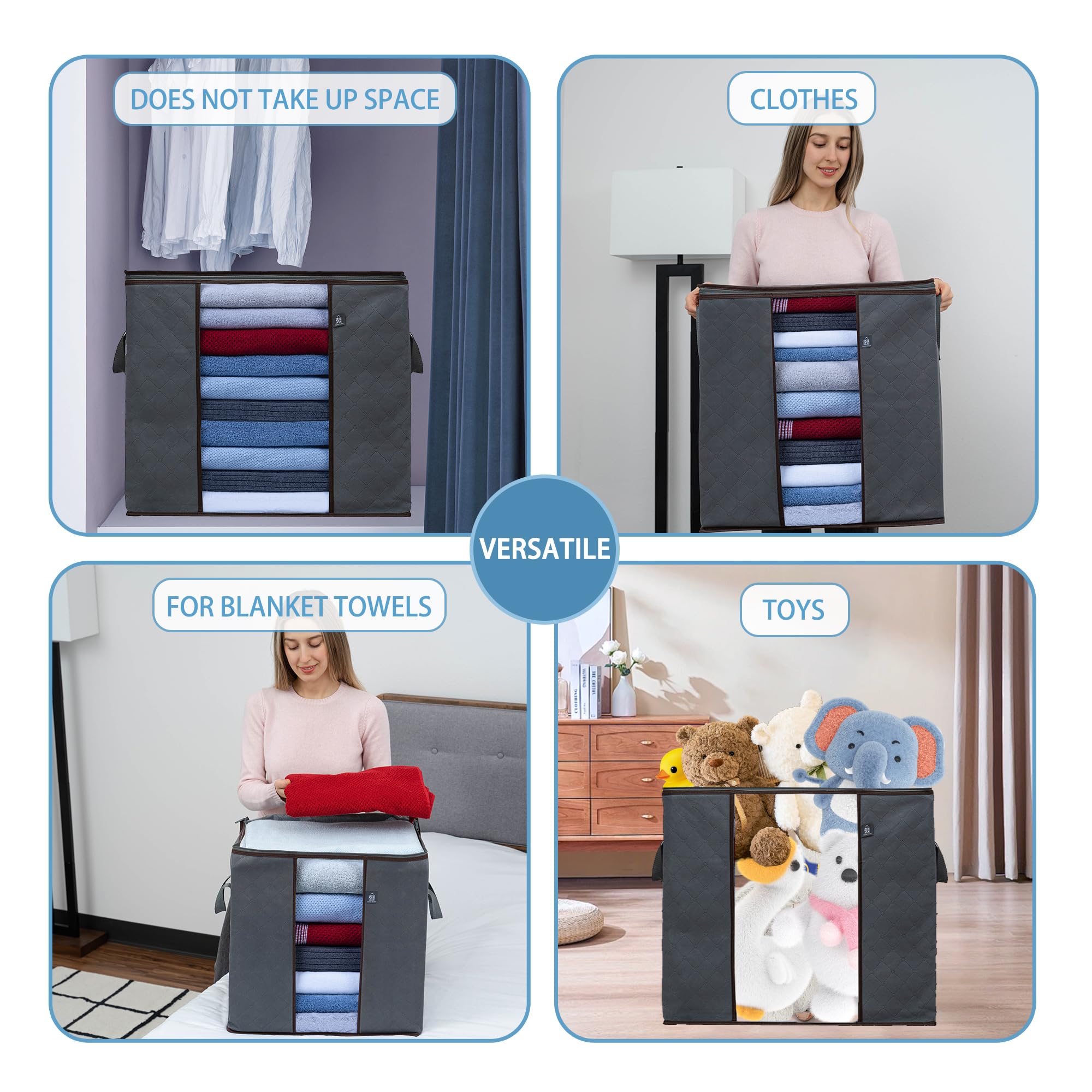 VENO 3 Pack Clothes Storage Bag Organizer with Reinforced Handle Thick Fabric for Comforters, Blankets, Bedding, Foldable with S