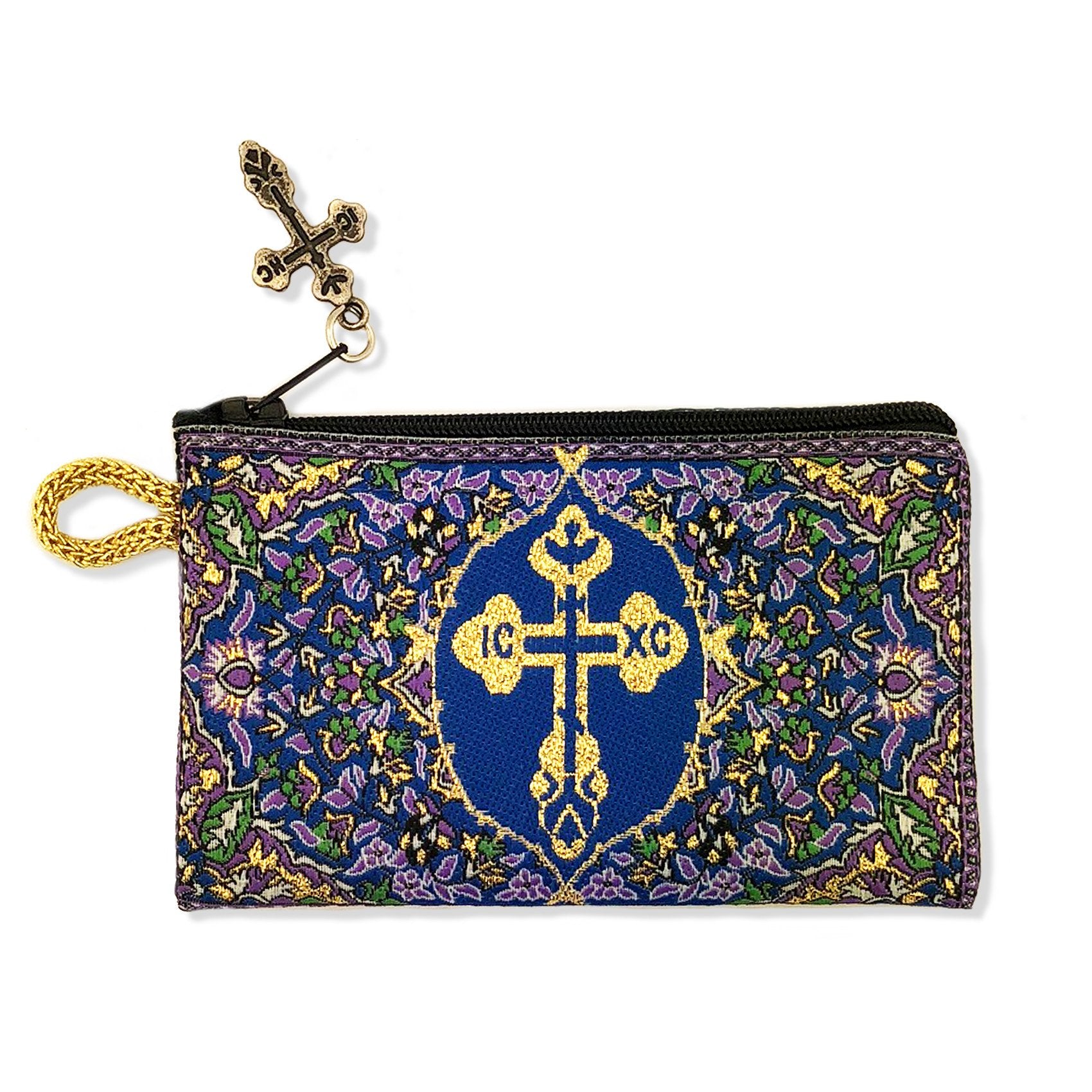 Blue Floral Byzantine Cross Woven Tapestry Rosary Beads Bag with Zipper, 4 3/4 Inch