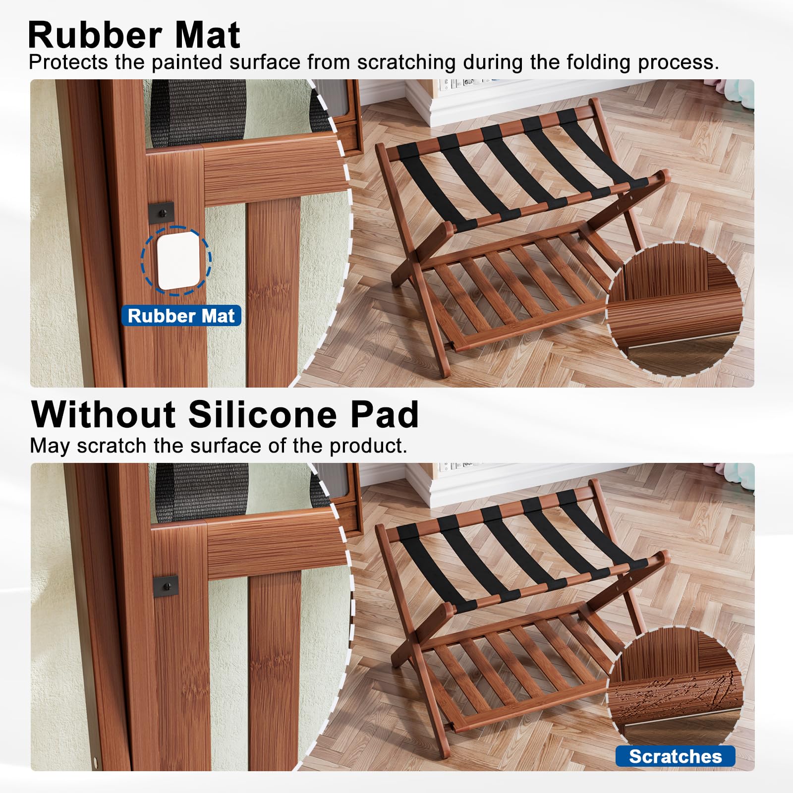 Smuxee Fully Assembled Walnut Luggage Rack, Upgraded Bamboo Foldable Suitcase Stand With 5 Nylon Straps, Luggage Holder With She