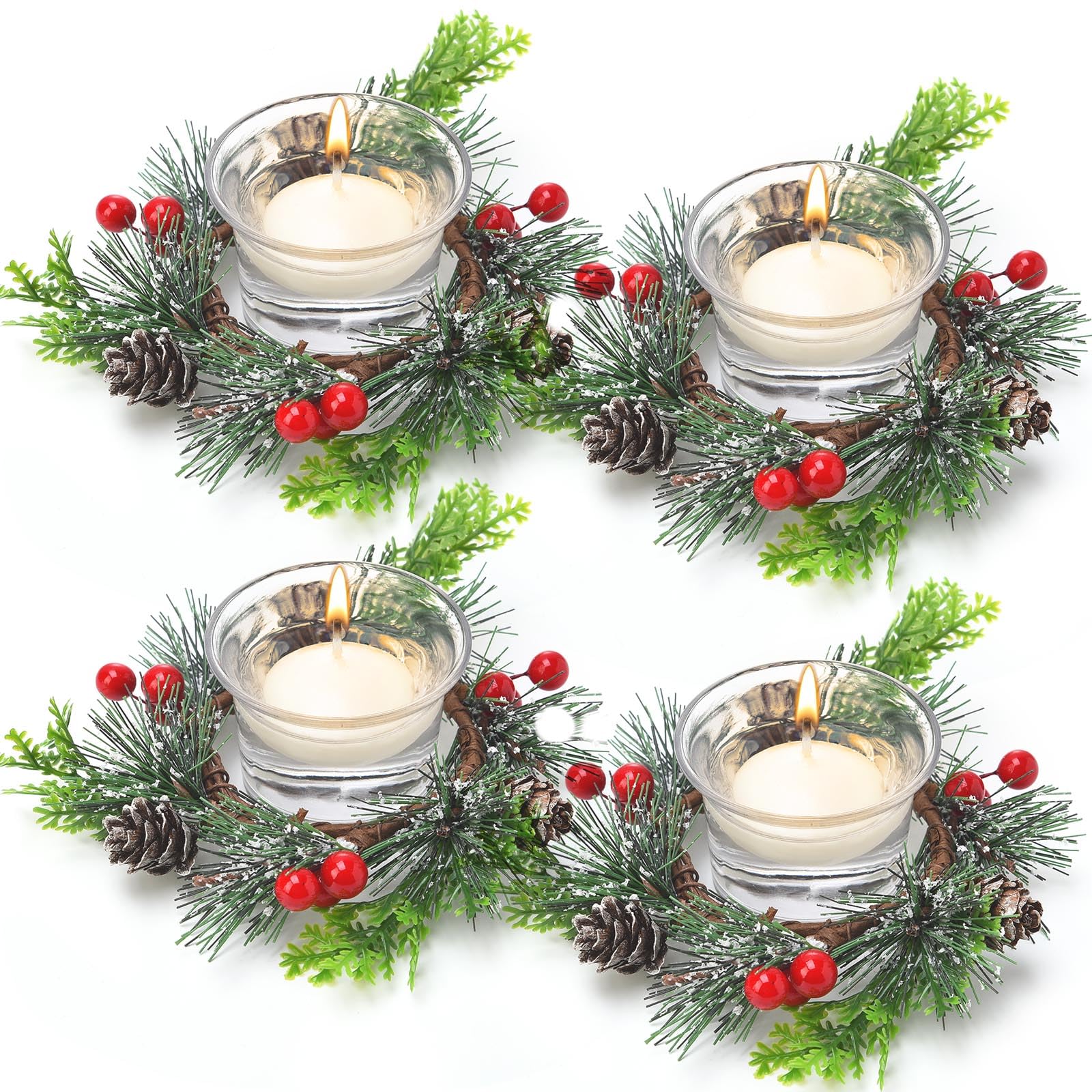 Dingion 12 Pcs Christmas Votive Candle Holder Set Xmas Table Centerpiece with Christmas Berry Candle Ring Decorative Glass Teali