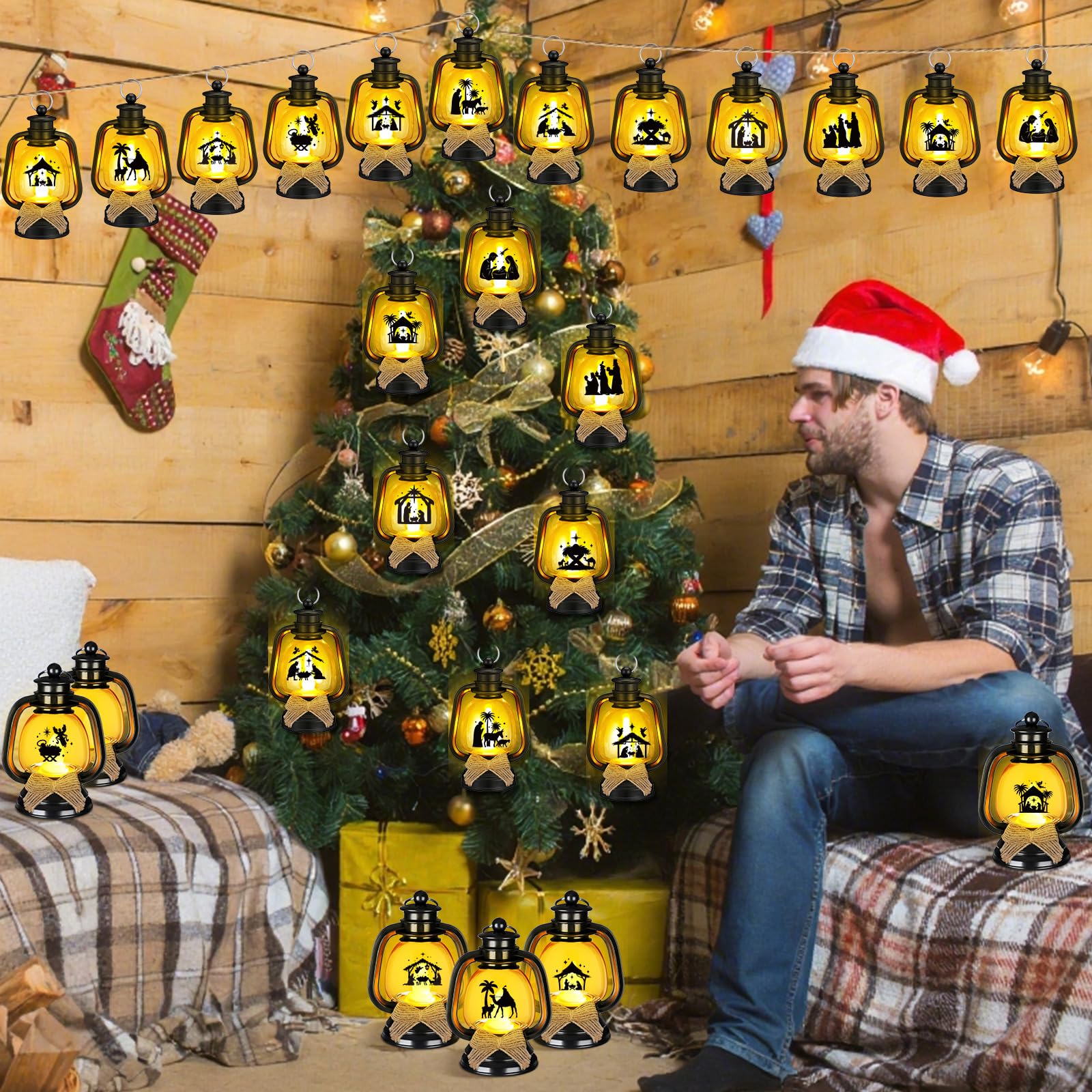 ROCEEI 24 Pcs Christmas Mini Religious Lantern Nativity Scene Table Centerpiece Decorative The Birth of Jesus Small Portable Lan