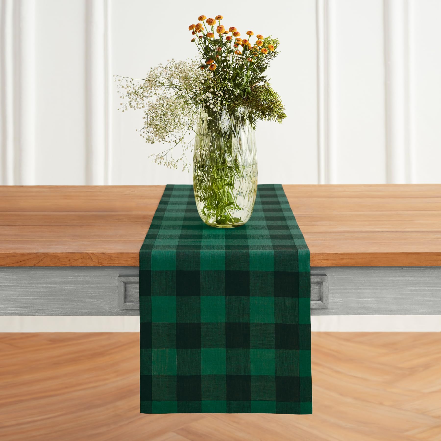 Solino Home Linen Check Table Runner 108 Inches Long - 100% Pure Linen Green And Black Buffalo Plaid Table Runner 14 X 108 Inch