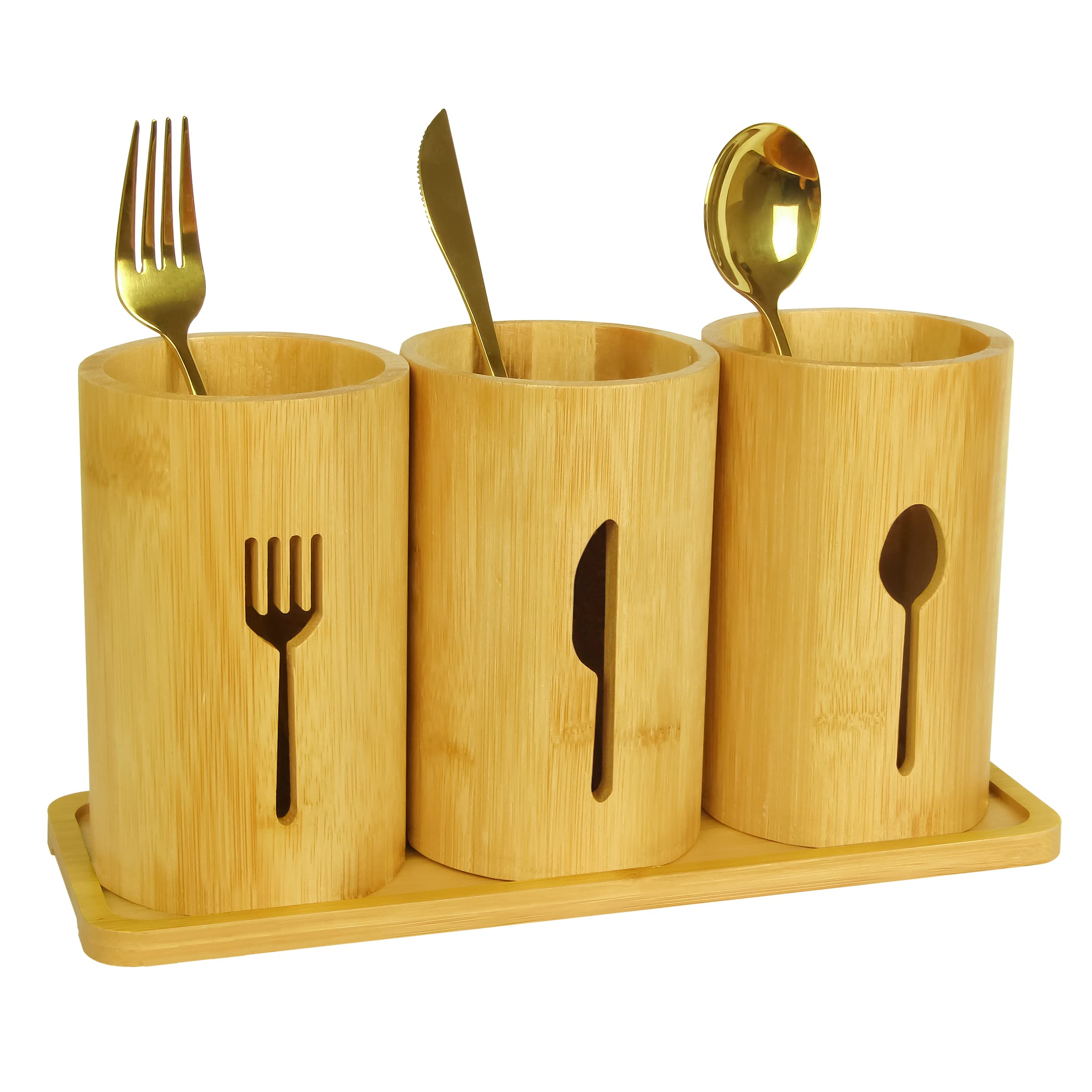 365Home Bamboo Silverware Organizer Countertop, Flatware Caddy, Bamboo Utensil Holder For Party, Kitchen Table, Farmhouse