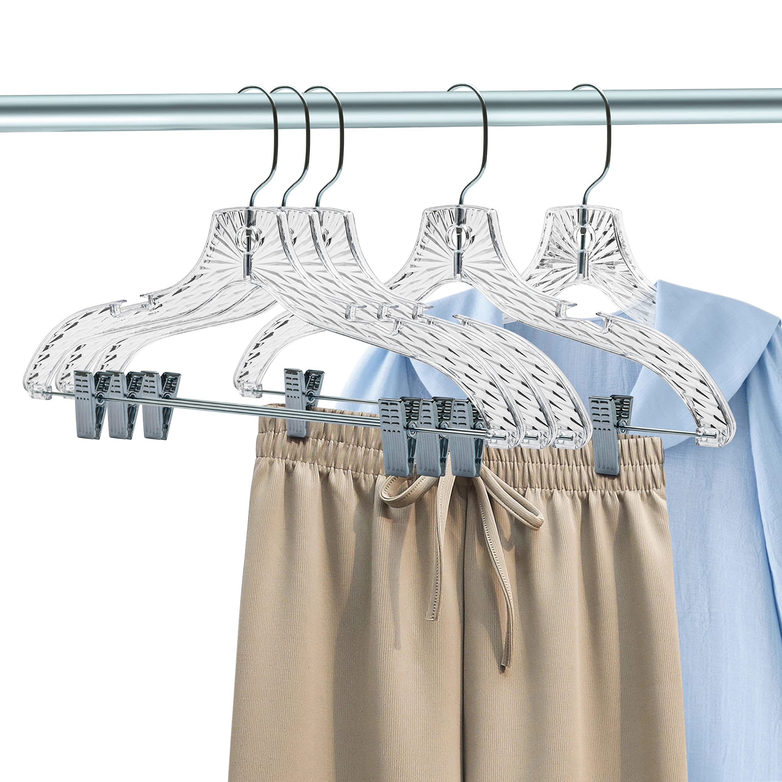Quality Hangers 12 Pack Clear Plastic Skirt Hangers - Crystal Cut Pants Hangers - Durable Plastic Hanger Set - Dress Hangers Wit