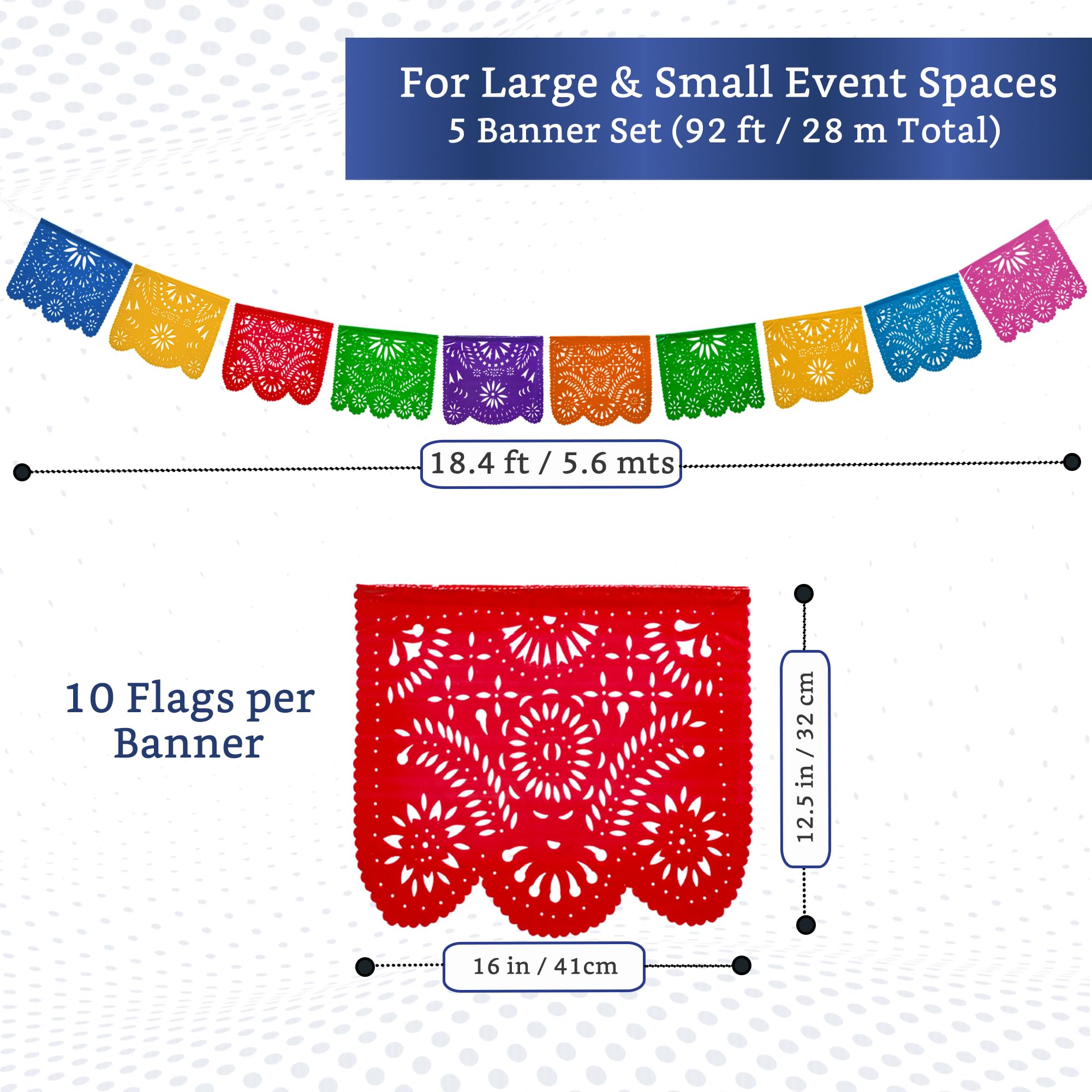 Mexican Party Banners (5 Pack with 10 Plastic Flags per Banner) - Papel Picado Mexicano para Fiesta - Plastic Papel Picado - Fie