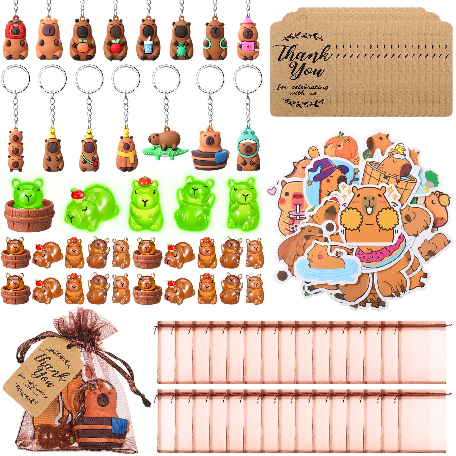 Nosiny 212 Pcs Capybara Party Favors Cute Animal-theme Gift Set Include Capybara 3D Keychains, Luminous Resin Figures, Stickers 