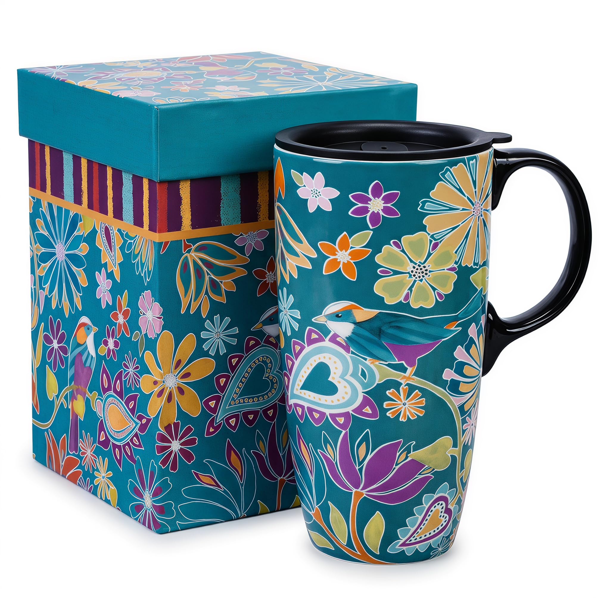 Topadorn 17oz Ceramic Travel Mug with Lid, Bird Floral Coffee Mug