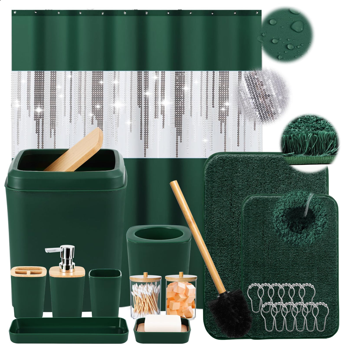 Xlhomo Dark Green Bathroom Sets With Shower Curtain And Rugs,Bathroom Sets Shower Curtain Set With Extra Soft And Absorbent Bath