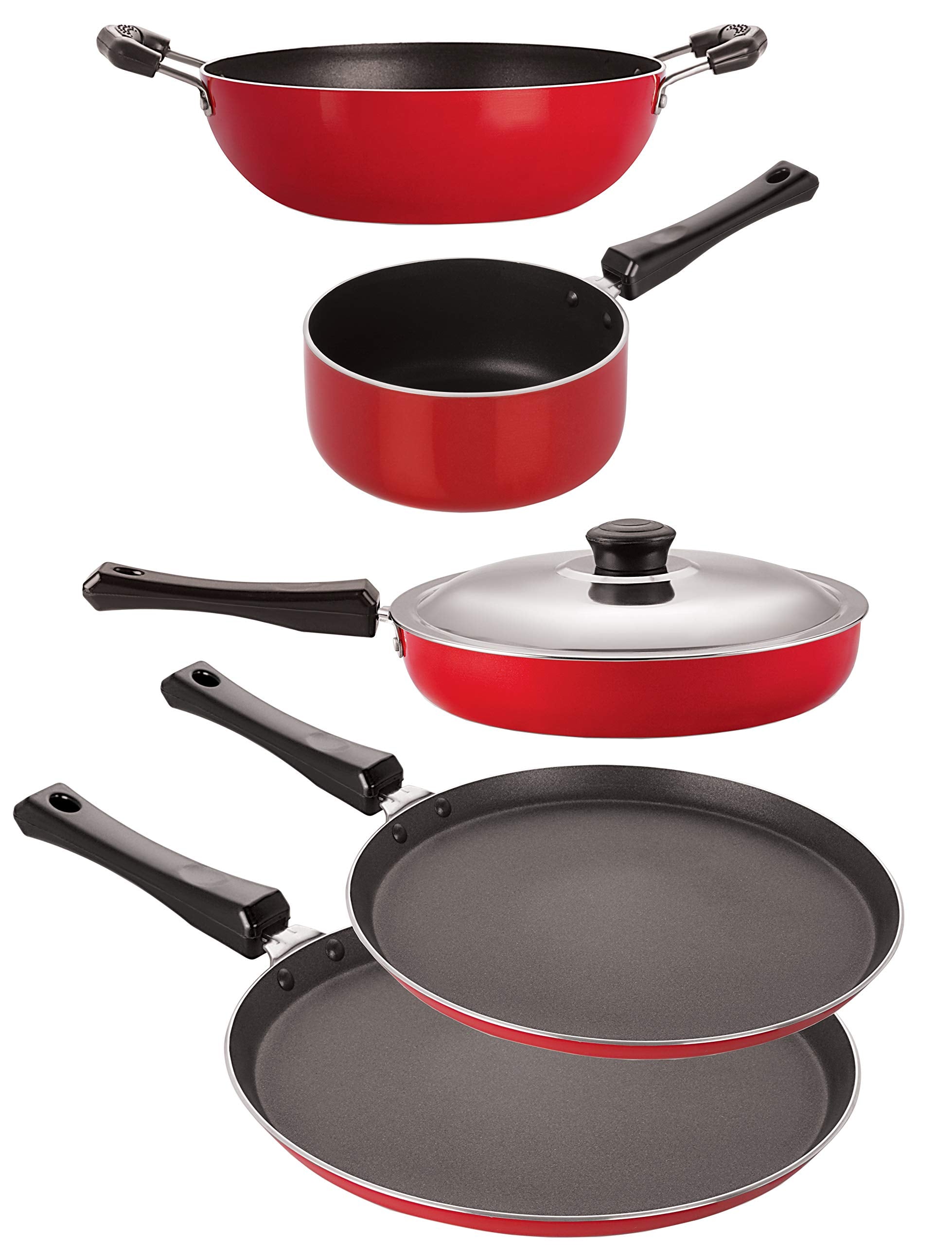 Nirlon NonStick Coated Aluminium Heat Resistance Cooking Essential Combo Gift Set, 5 Piece, Red & Black