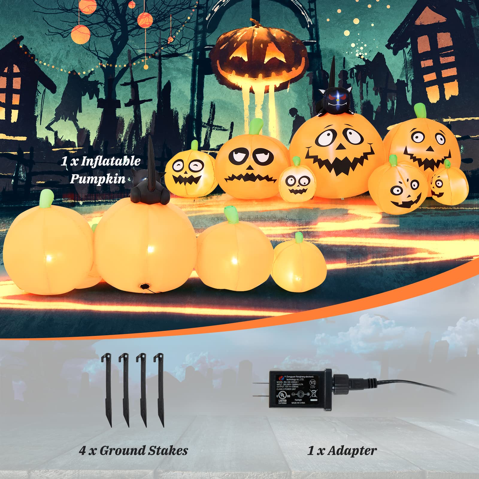 Tangkula 8 FT Halloween Inflatable Pumpkin Patch Lanterns with Witchs Cat, Blow Up 7 Pumpkins Family with Built-in LED Lights &