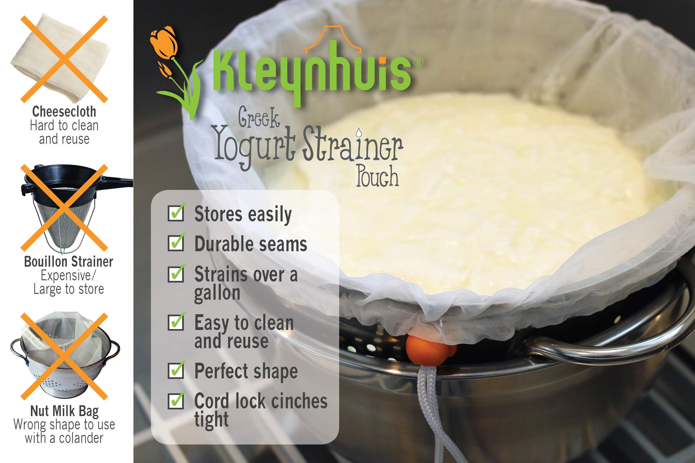 Kleynhuis Greek Yogurt Strainer Pouch - Ultra-Fine 100 Micron Nylon, 16"x9", White