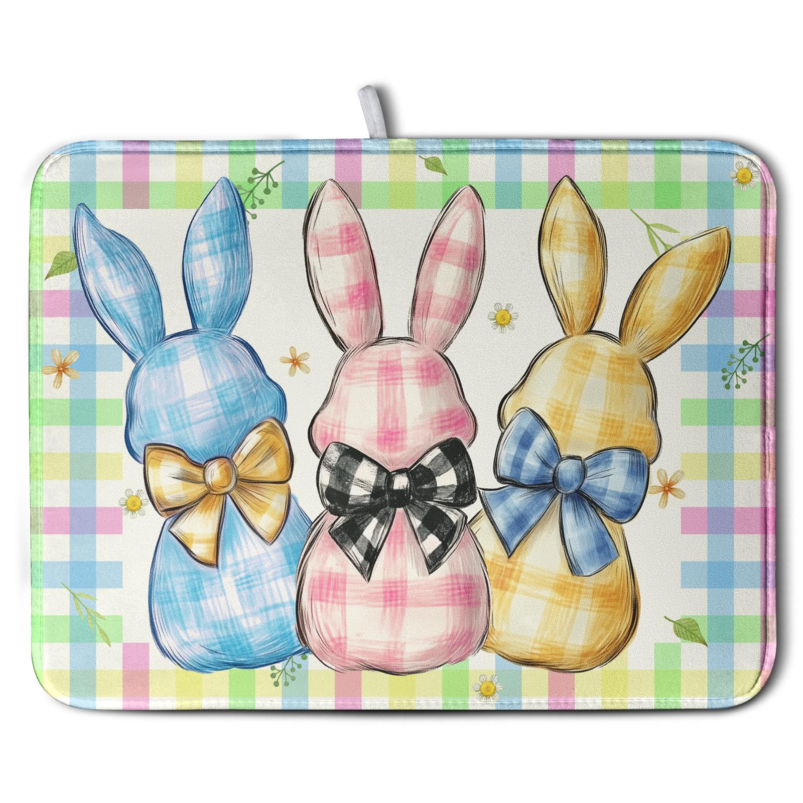 Easter Drying Mat for Kitchen Counter 18x24 Inch Spring Cute Bunny Dish Drying Mats Colorful Buffalo Plaid Rabbits Drying Pad Mi