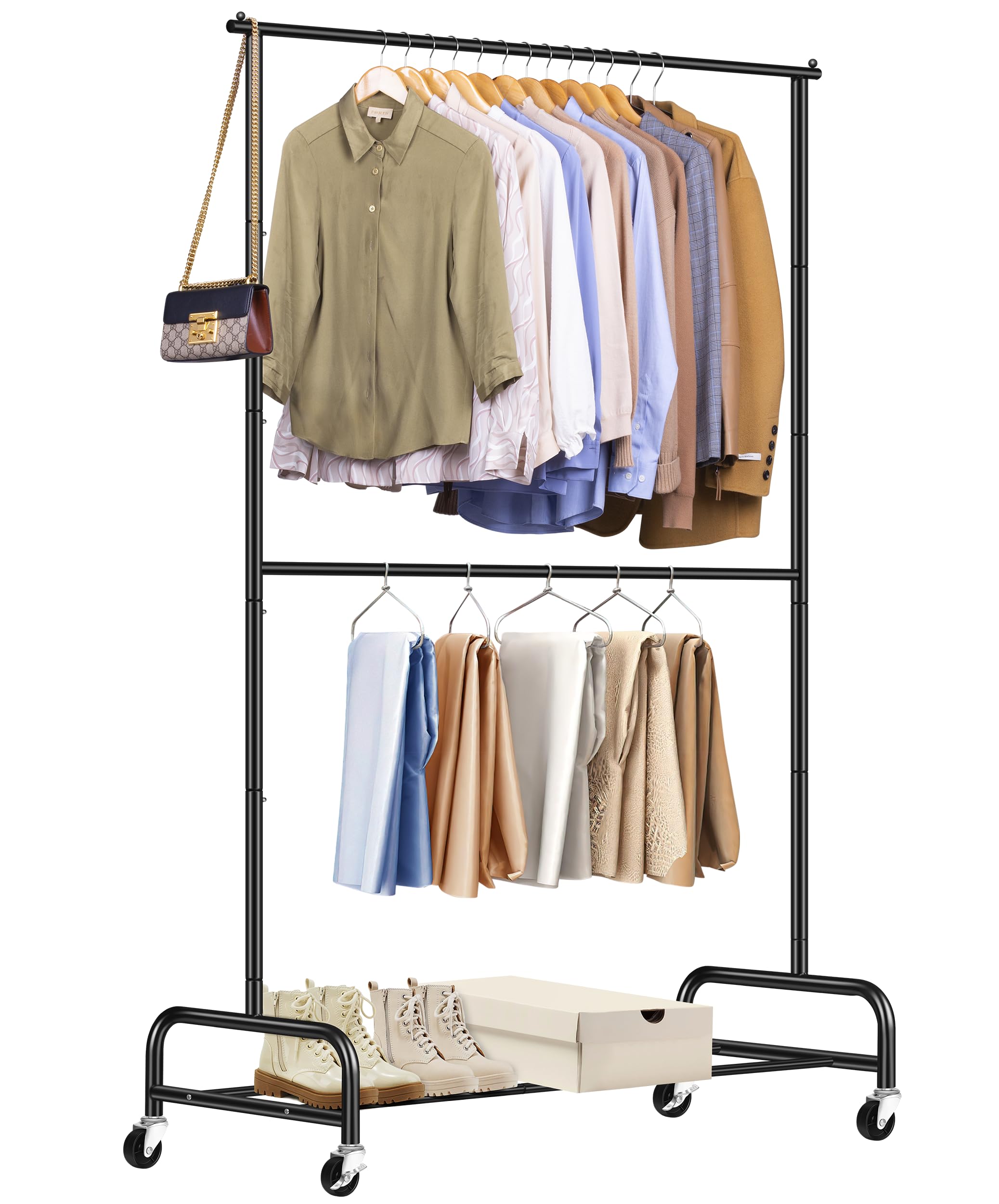 Sleeping Lamb Double Rod Heavy Duty Clothes Racks For Hanging Clothes Rack, Metal Rolling Garment Rack With Wheels Clothes Hange