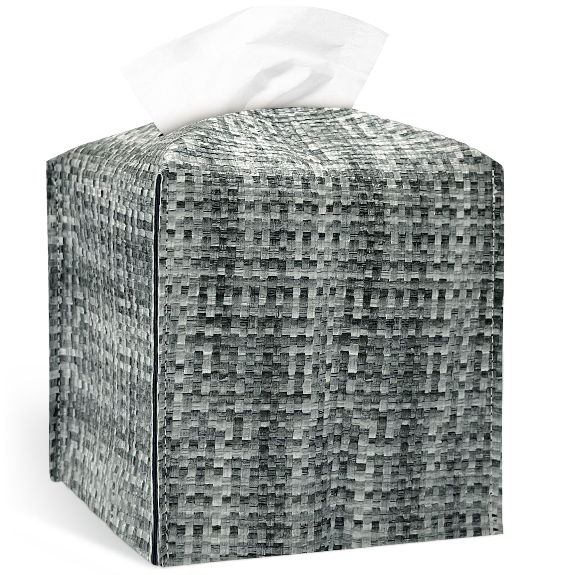 Tissue Box Cover, Pu Leather Tissue Box Holder With Bottom Belt, Modern Square Tissue Box Covers With Wide Opening (Black Gray,