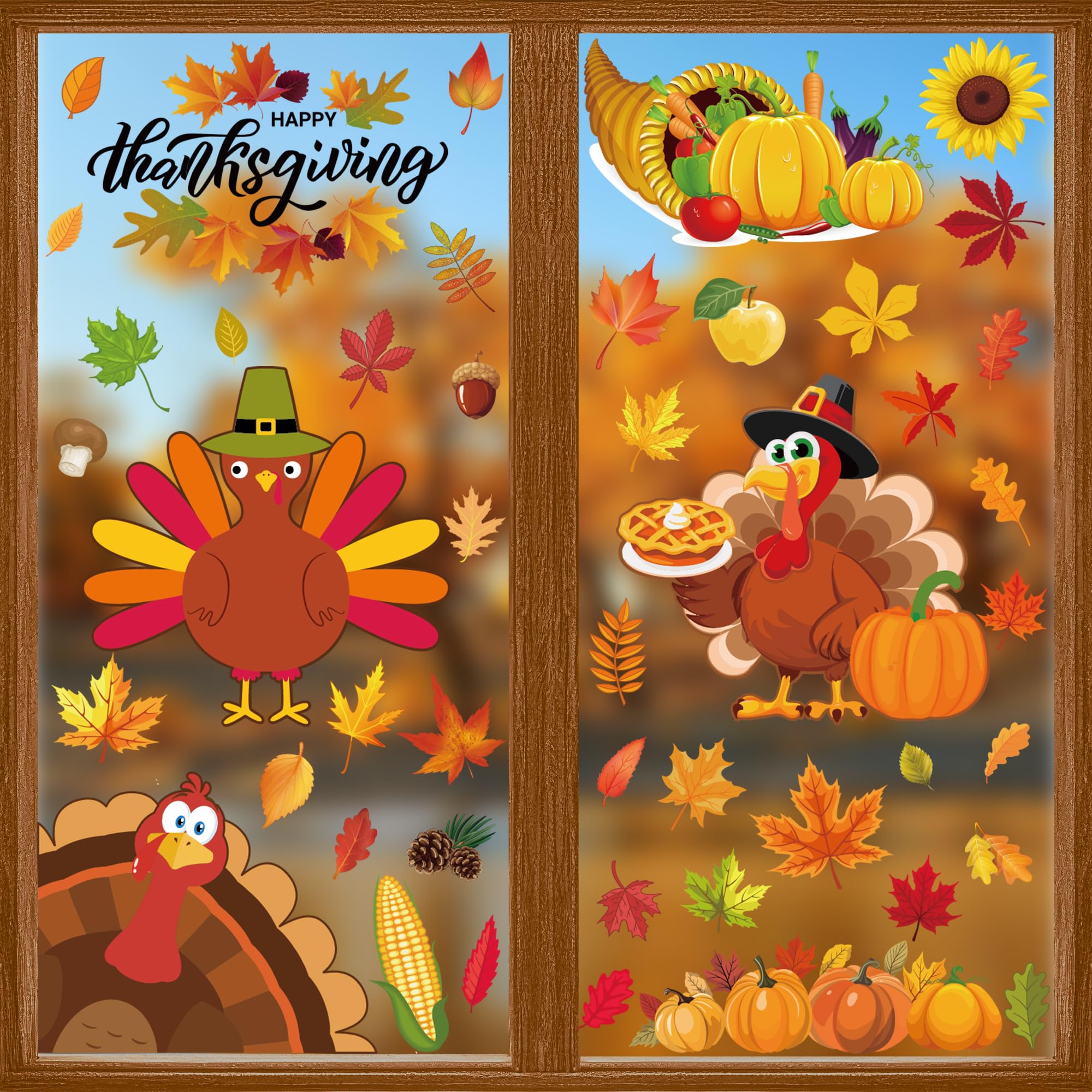 9 Sheets Thanksgiving Window Clings, 115PCS Thanksgiving Decorations Window Stickers, Turkey Decal Stickers with Cute Cones Nuts
