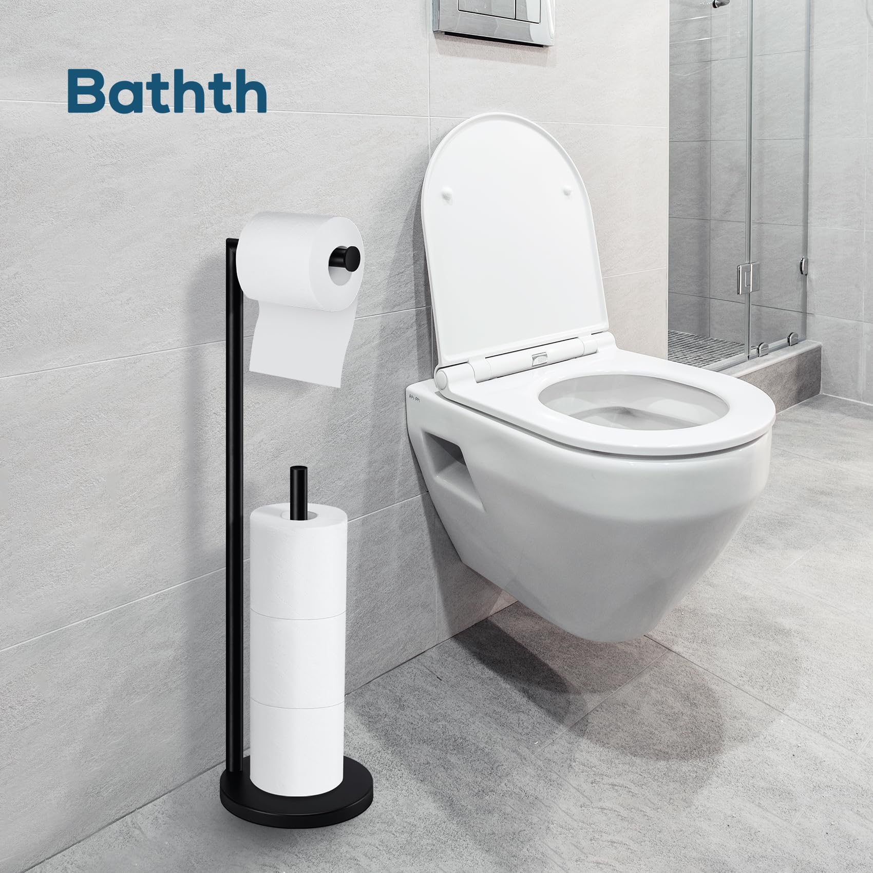 Toilet Paper Holder Stand  Toilet Paper Stand Black  Free Standing Toilet Paper Holder  Toilet Paper Holder with Storage by Bathth