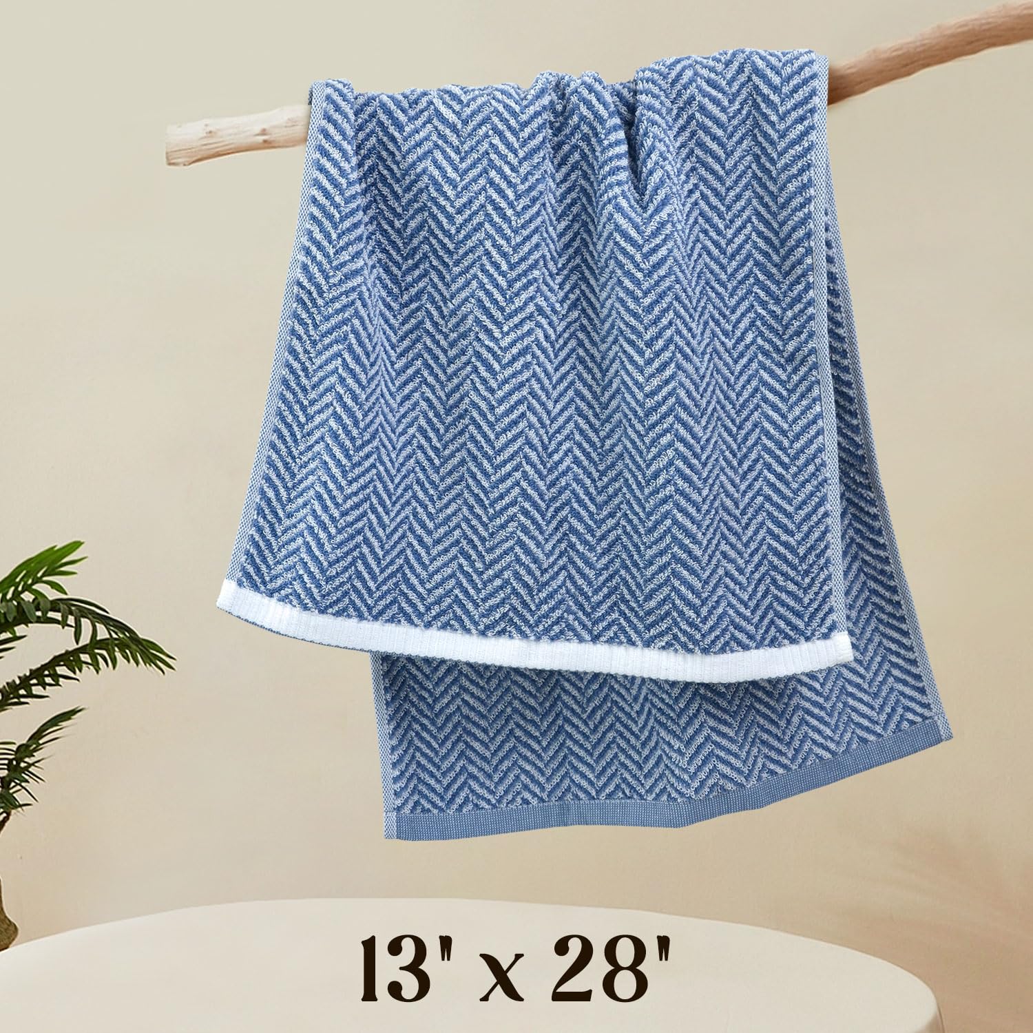 Cleanbear Hand Towels For Bathroom With Decorative Herringbone Stripes, 100% Cotton, 13 X 28 Inches, Light Blue, 2 Pack